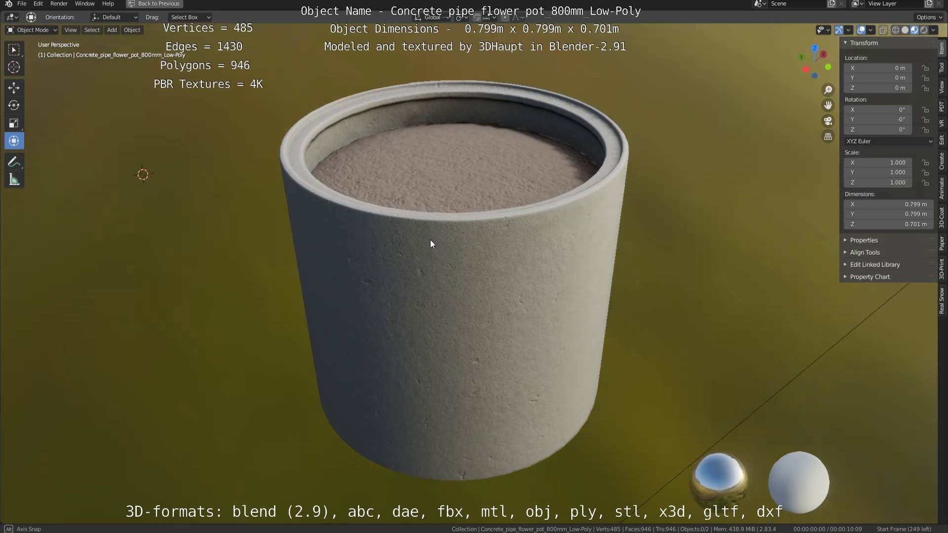 Concrete Pipe Flower Pot 800mm Low-Poly Low-poly 3D model_42