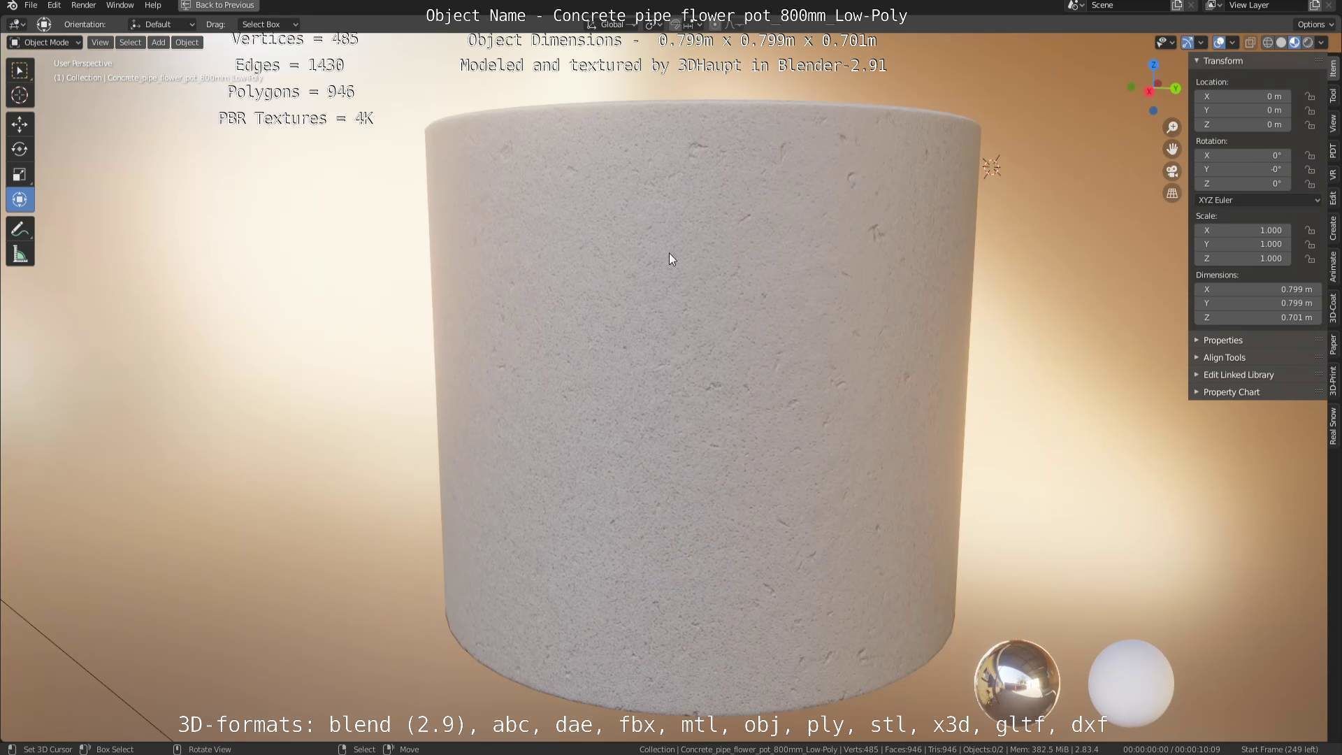 Concrete Pipe Flower Pot 800mm Low-Poly Low-poly 3D model_35