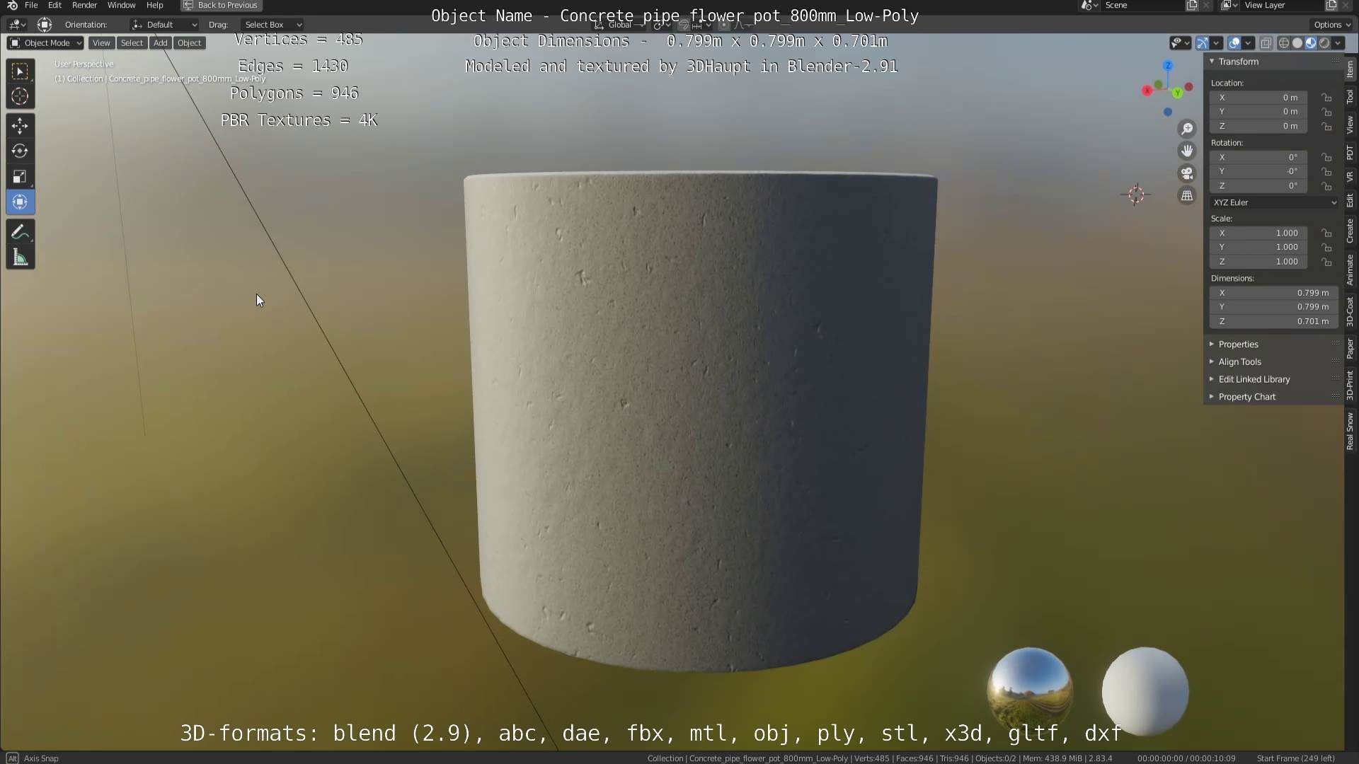 Concrete Pipe Flower Pot 800mm Low-Poly Low-poly 3D model_51