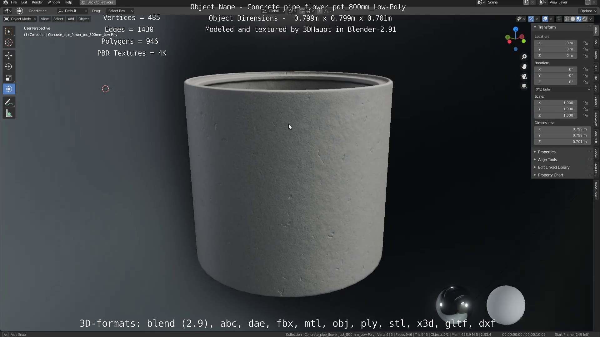 Concrete Pipe Flower Pot 800mm Low-Poly Low-poly 3D model_58