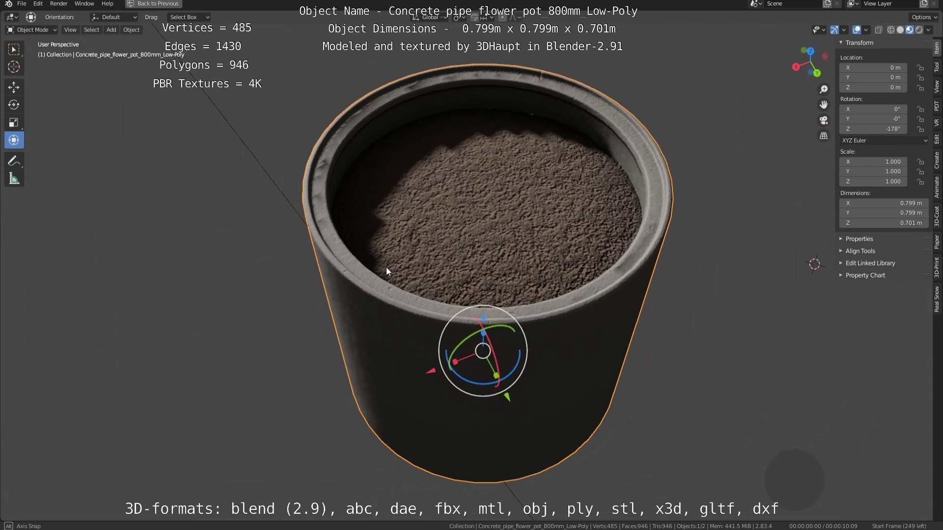 Concrete Pipe Flower Pot 800mm Low-Poly Low-poly 3D model_26
