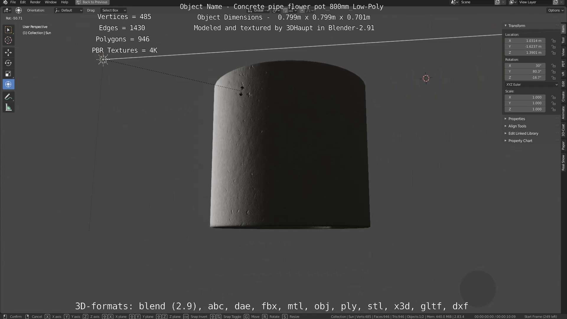 Concrete Pipe Flower Pot 800mm Low-Poly Low-poly 3D model_90