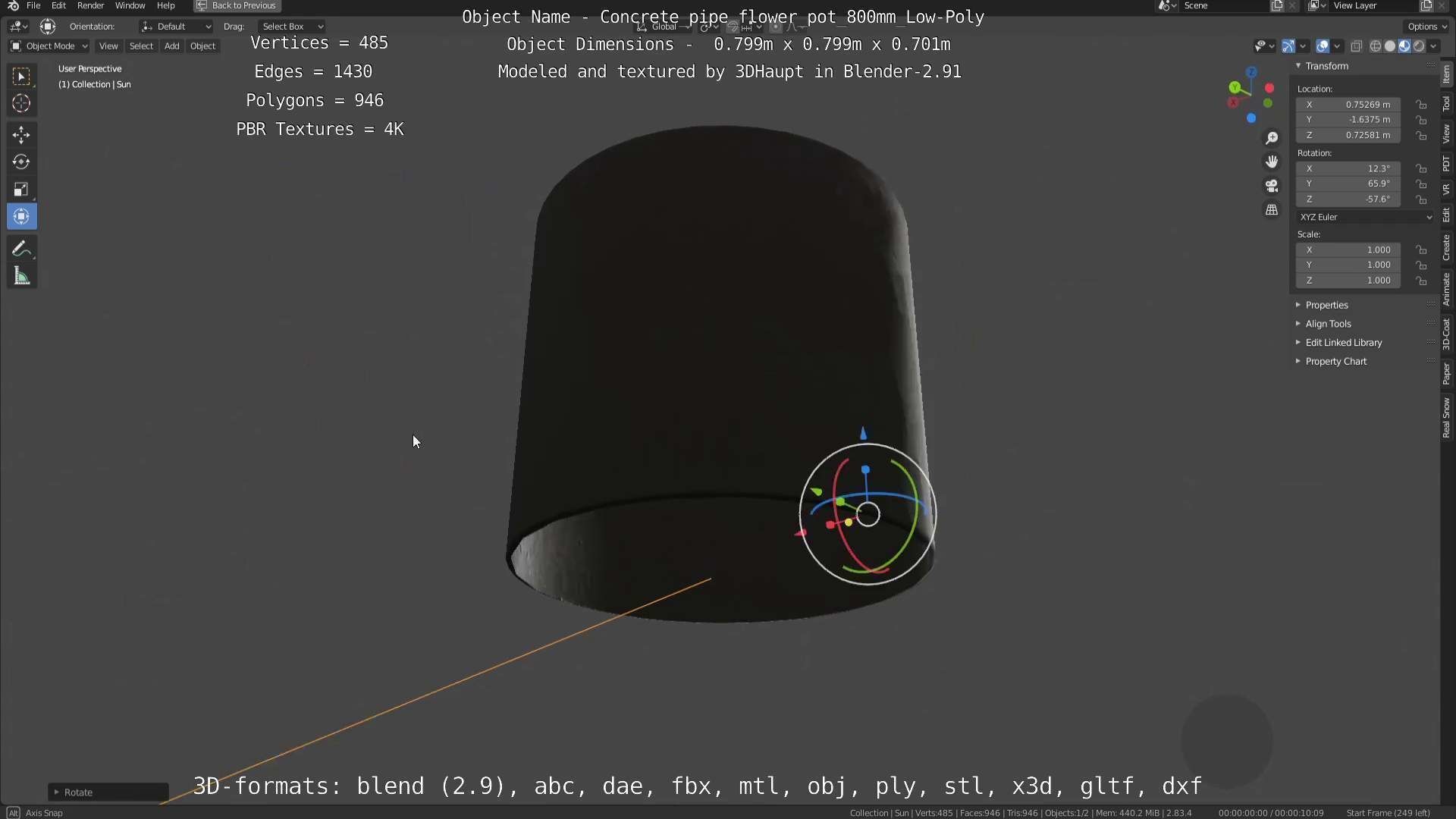 Concrete Pipe Flower Pot 800mm Low-Poly Low-poly 3D model_101