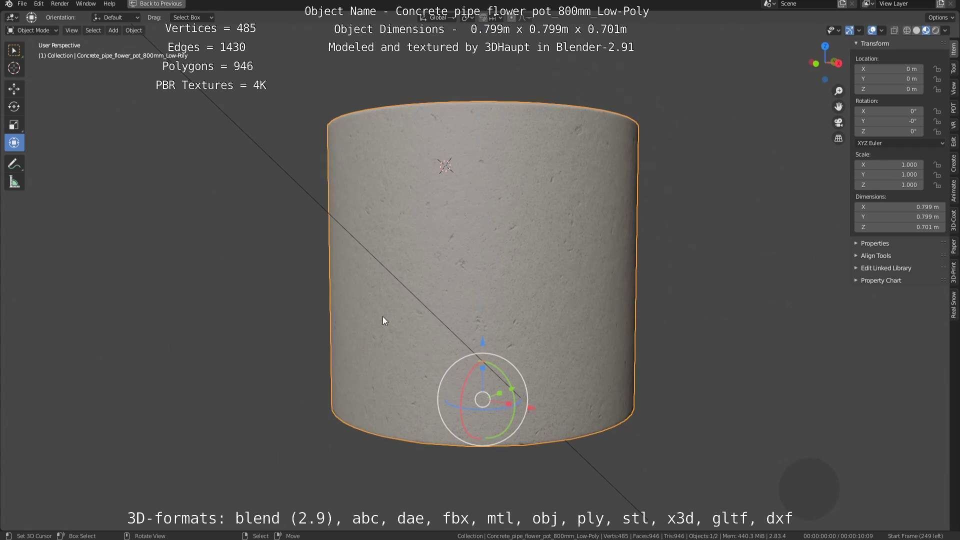 Concrete Pipe Flower Pot 800mm Low-Poly Low-poly 3D model_125