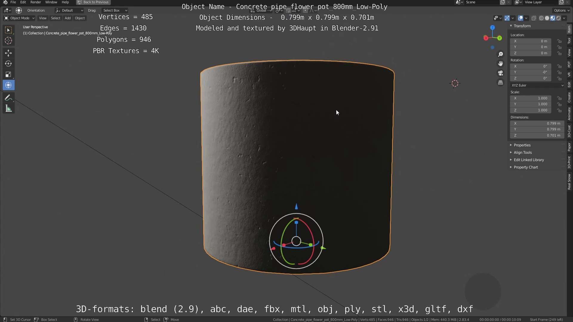 Concrete Pipe Flower Pot 800mm Low-Poly Low-poly 3D model_112
