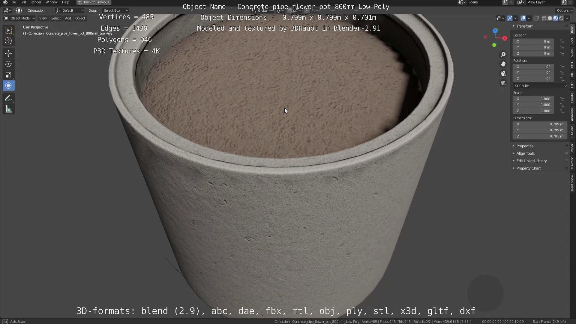 Concrete Pipe Flower Pot 800mm Low-Poly Low-poly 3D model_3