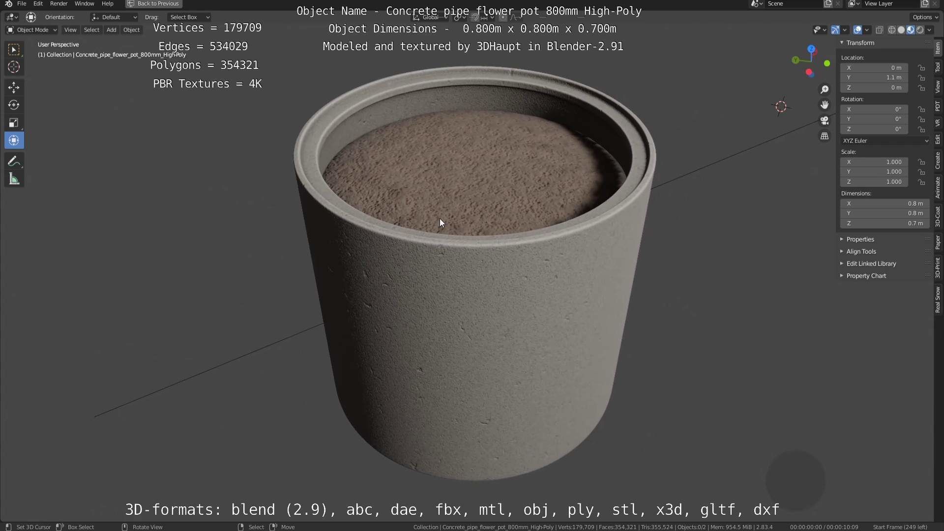 Concrete Pipe Flower Pot 800mm High-Poly 3D model_15