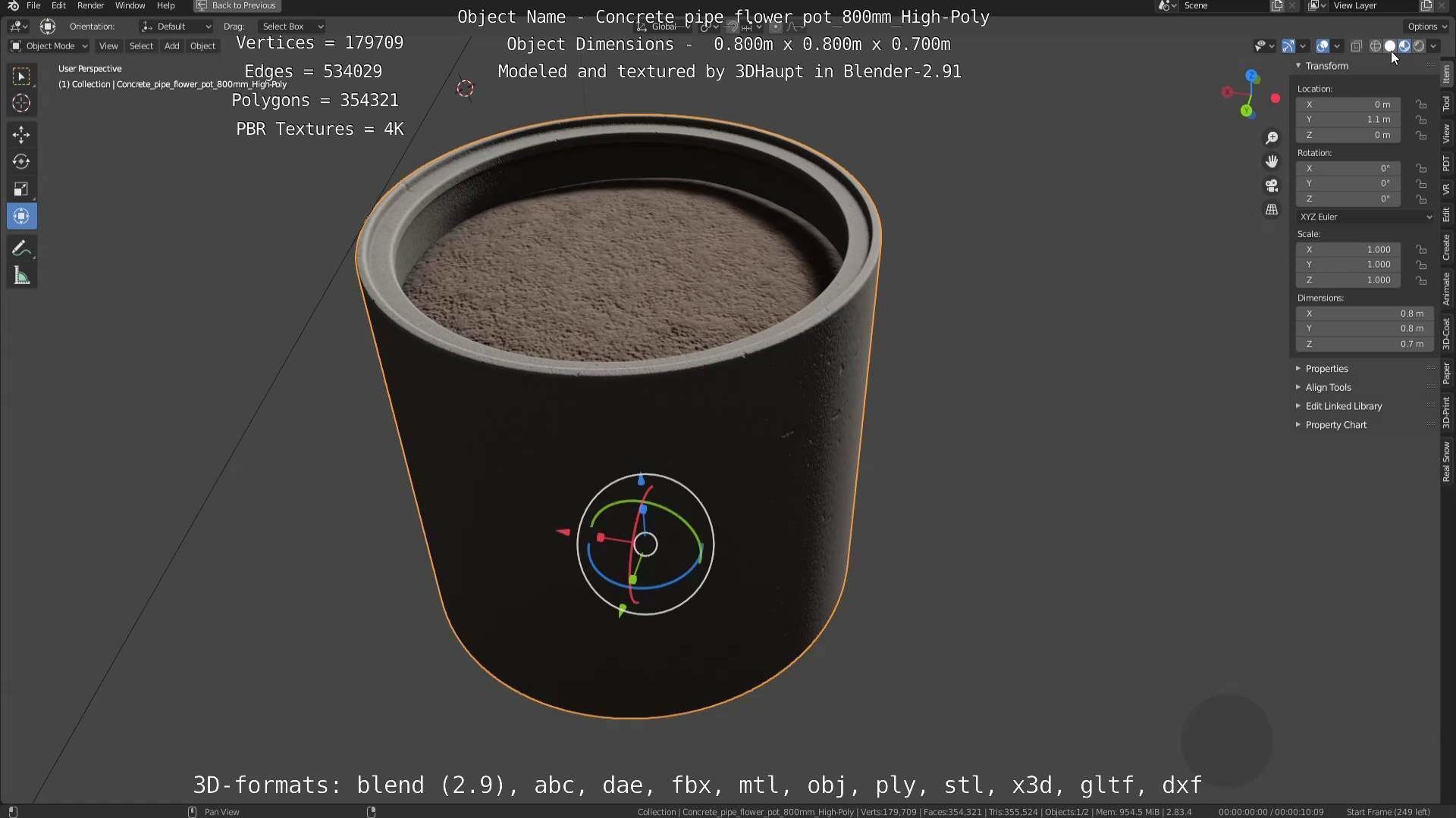 Concrete Pipe Flower Pot 800mm High-Poly 3D model_2