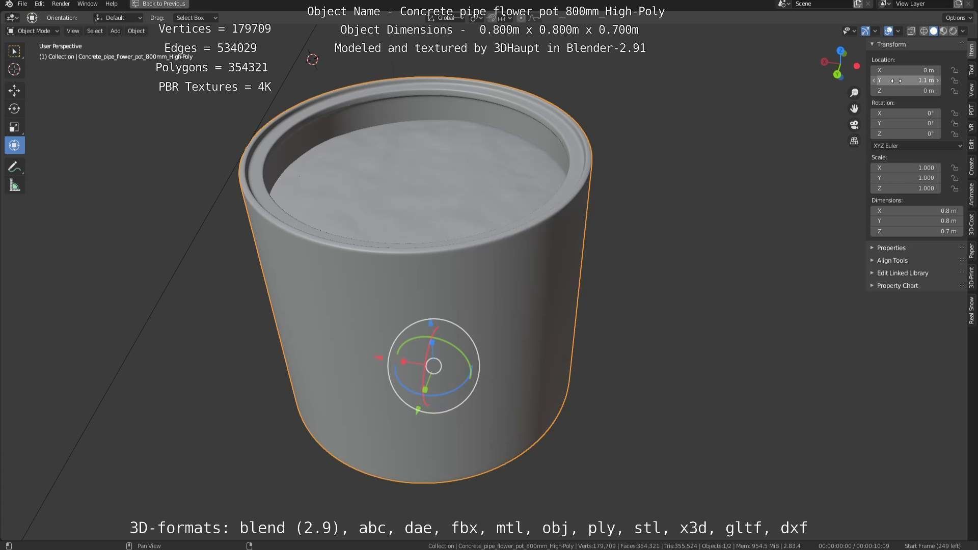Concrete Pipe Flower Pot 800mm High-Poly 3D model_109