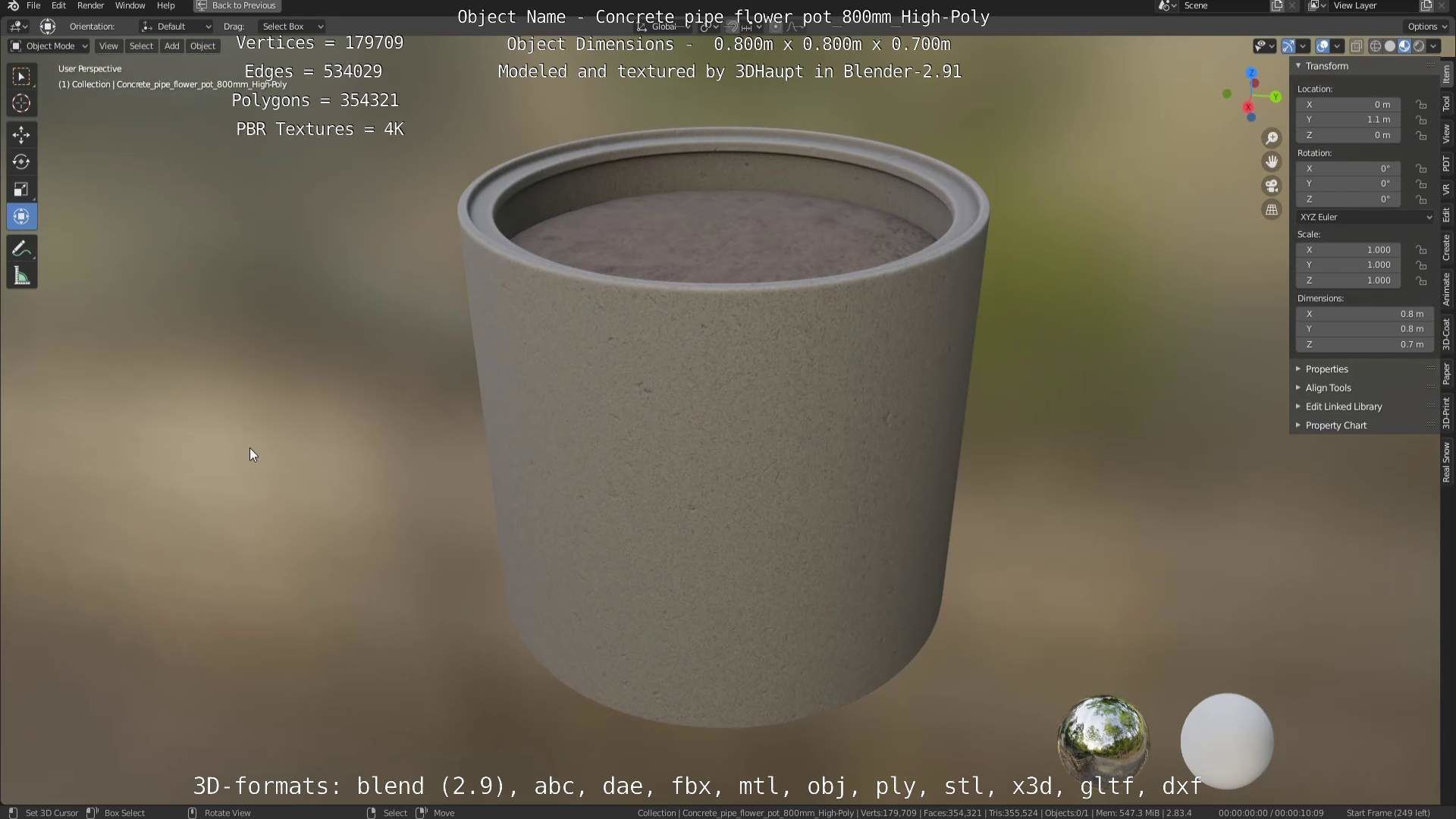 Concrete Pipe Flower Pot 800mm High-Poly 3D model_7