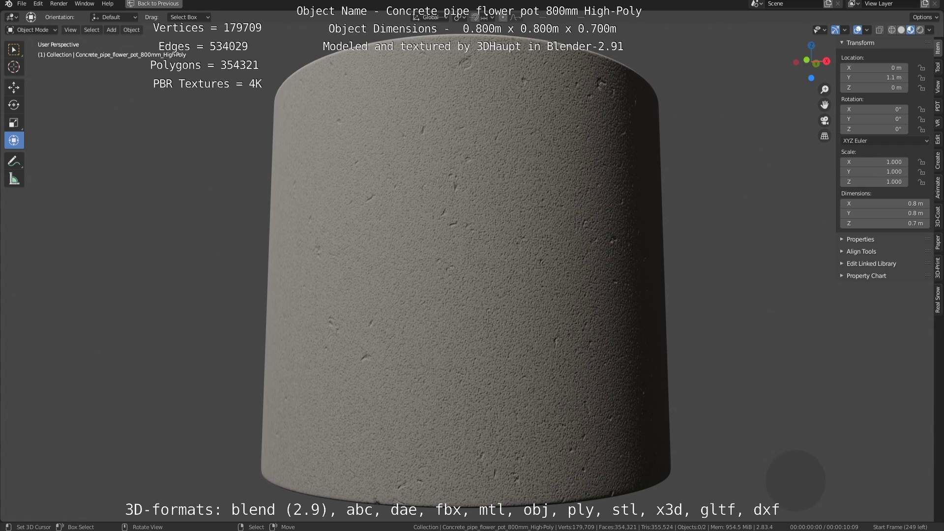 Concrete Pipe Flower Pot 800mm High-Poly 3D model_6
