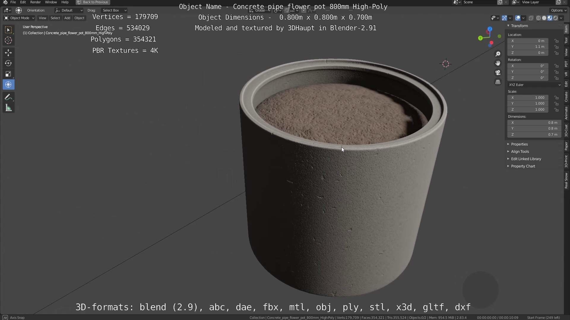 Concrete Pipe Flower Pot 800mm High-Poly 3D model_3