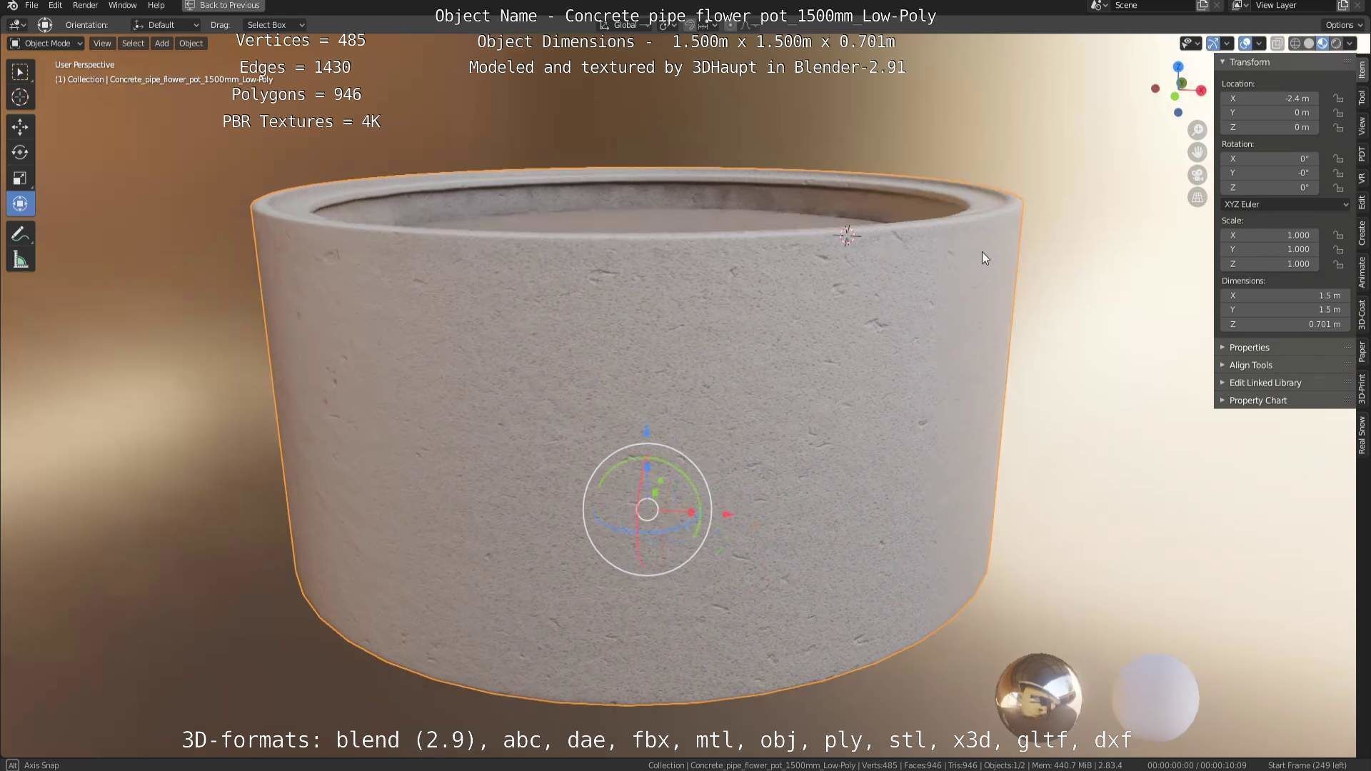 Concrete Pipe Flower Pot 1500mm Low-Poly Low-poly 3D model_61