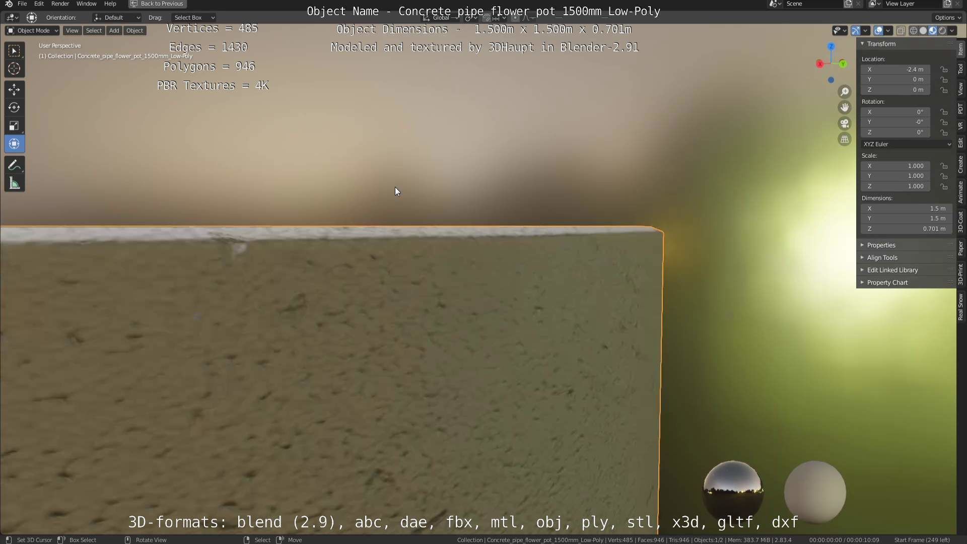 Concrete Pipe Flower Pot 1500mm Low-Poly Low-poly 3D model_116