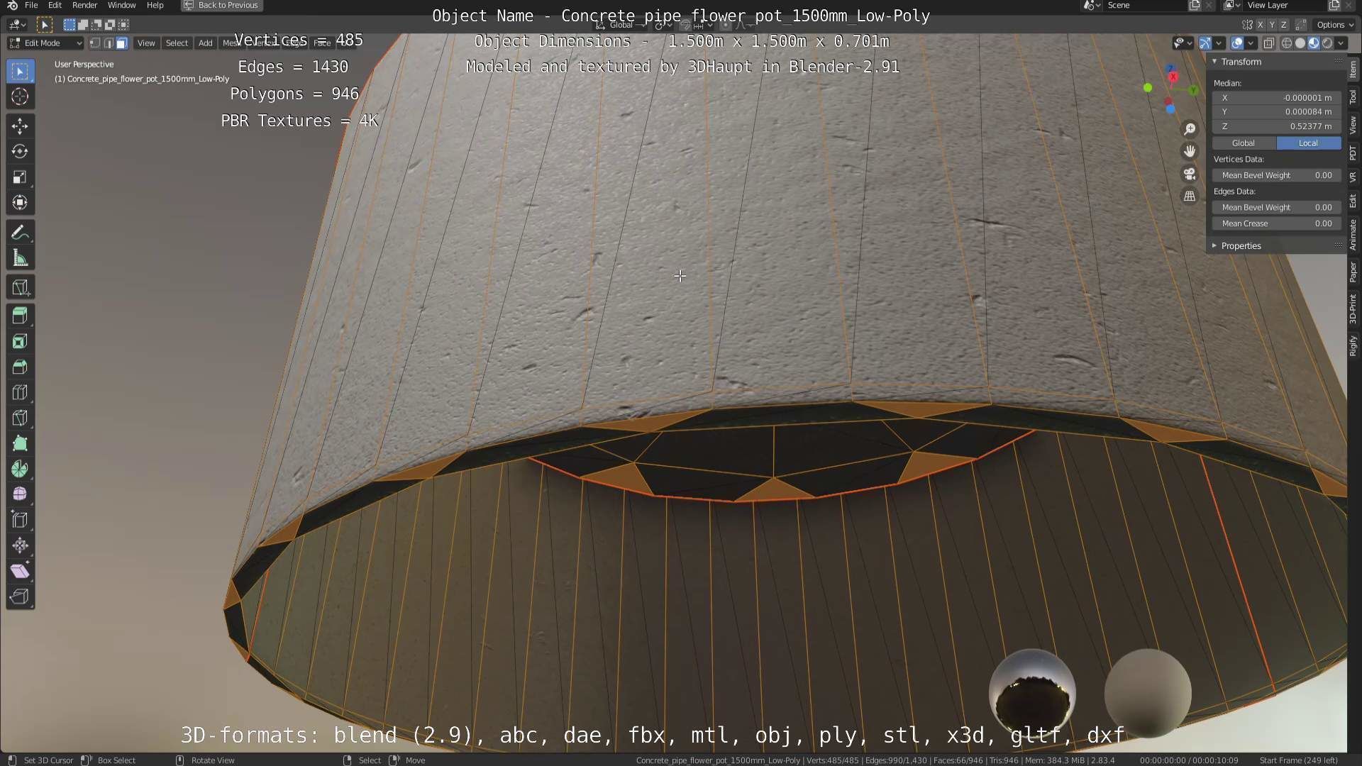 Concrete Pipe Flower Pot 1500mm Low-Poly Low-poly 3D model_77