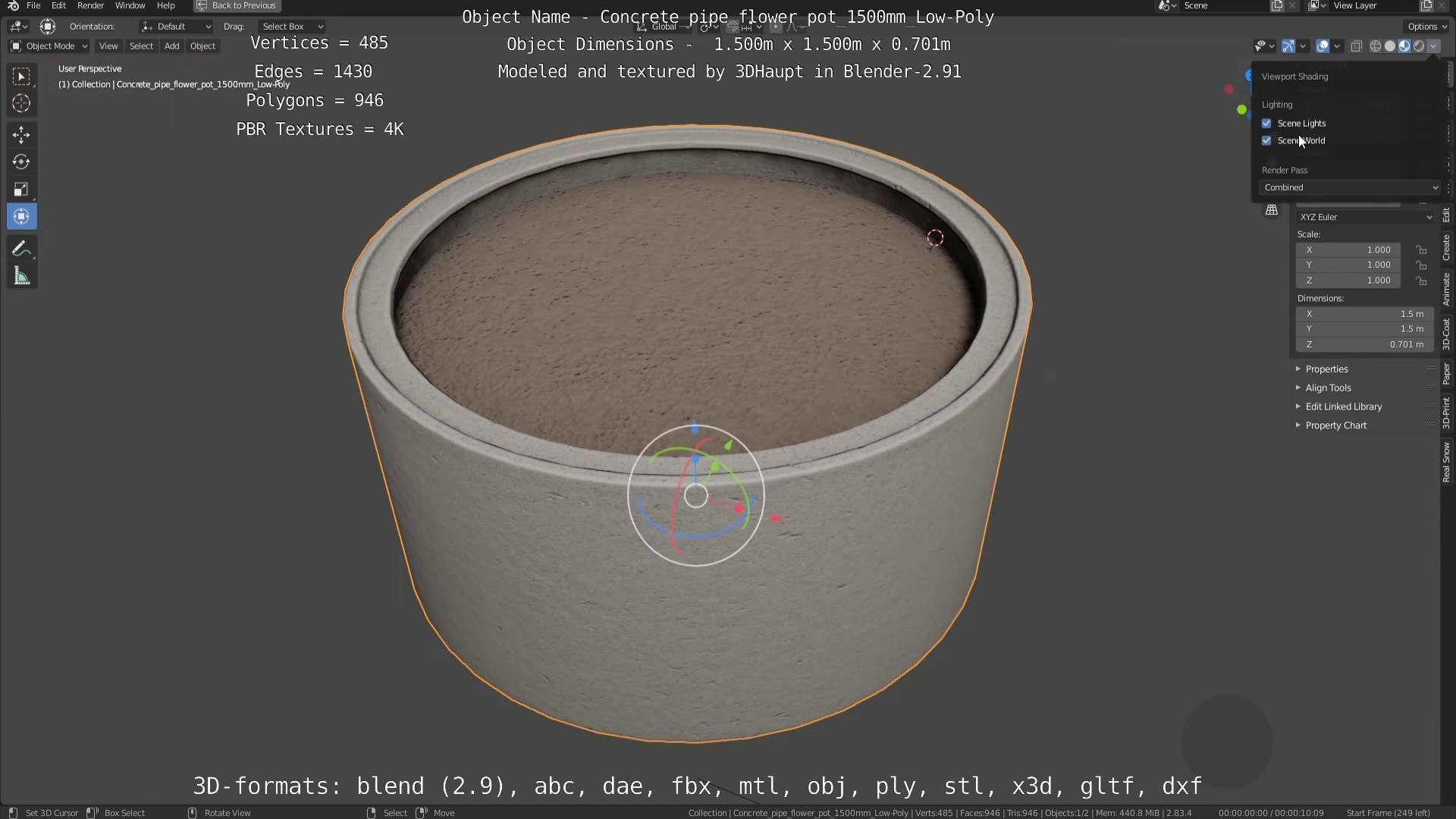 Concrete Pipe Flower Pot 1500mm Low-Poly Low-poly 3D model_38