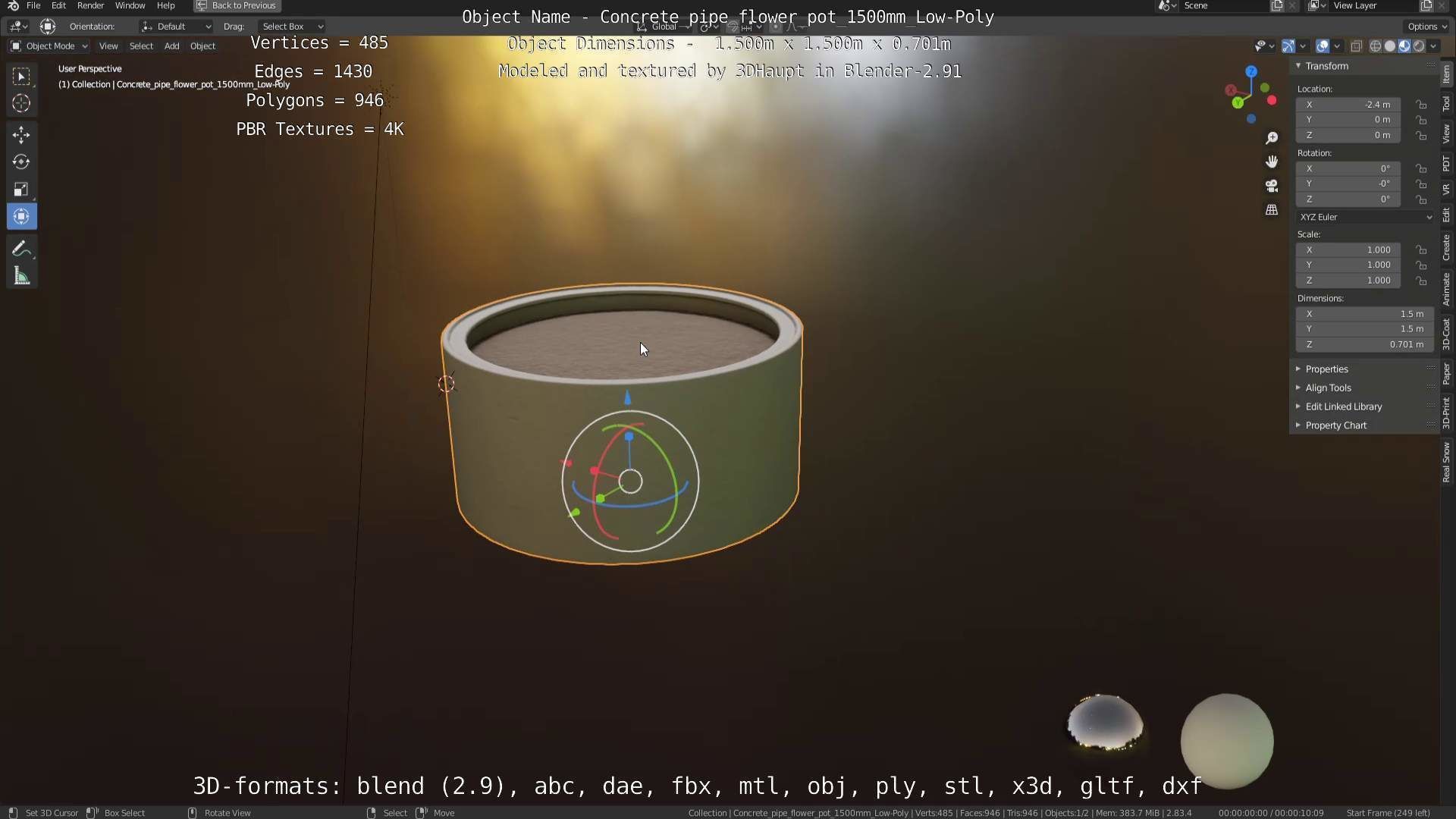 Concrete Pipe Flower Pot 1500mm Low-Poly Low-poly 3D model_23
