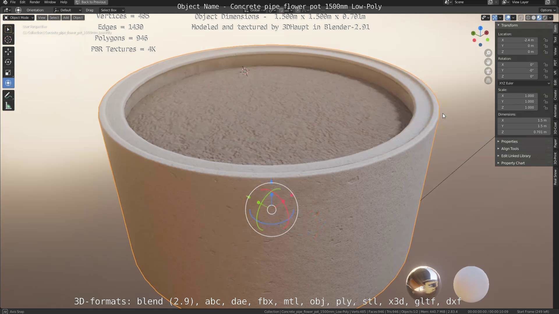 Concrete Pipe Flower Pot 1500mm Low-Poly Low-poly 3D model_62