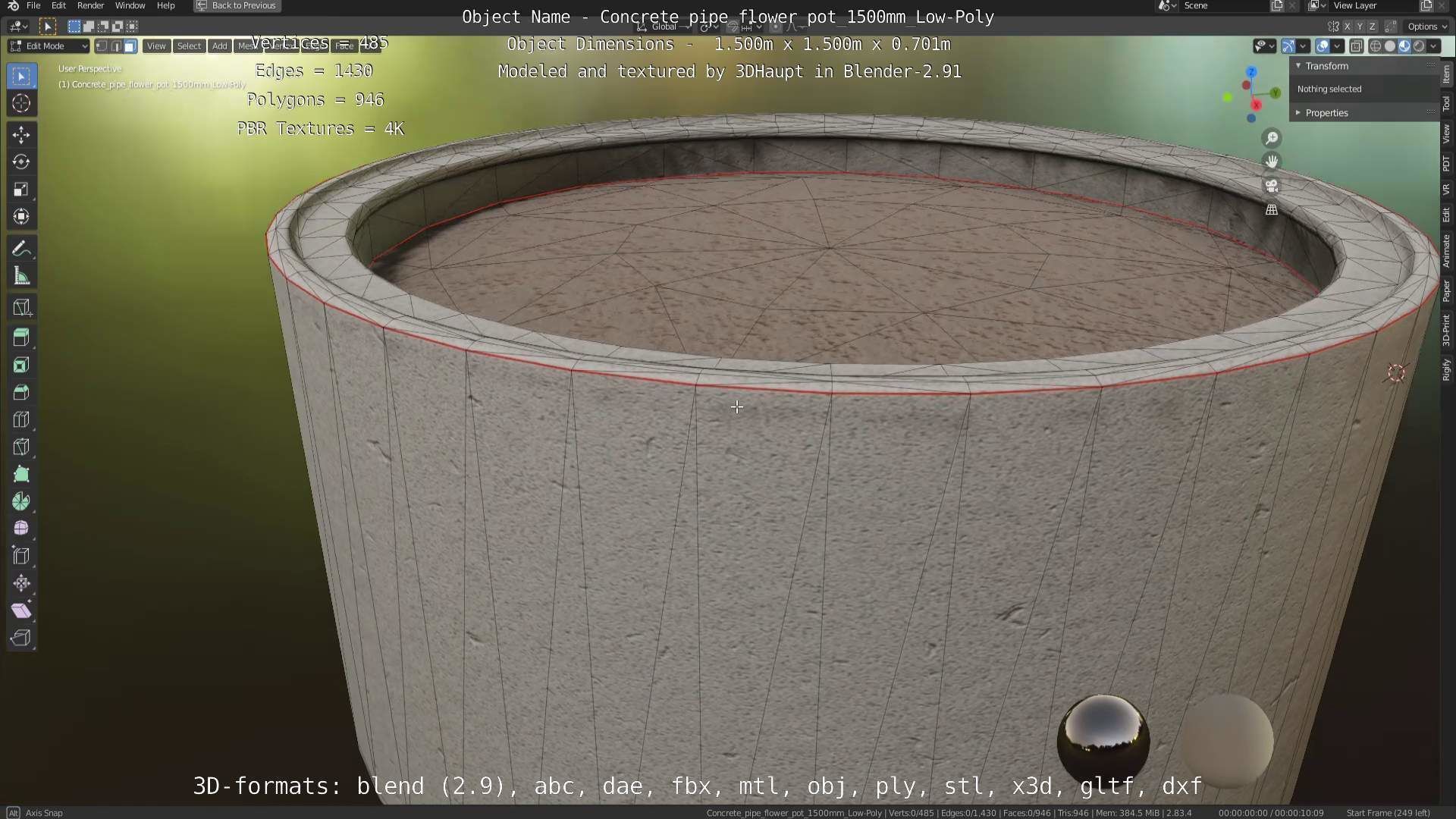 Concrete Pipe Flower Pot 1500mm Low-Poly Low-poly 3D model_80