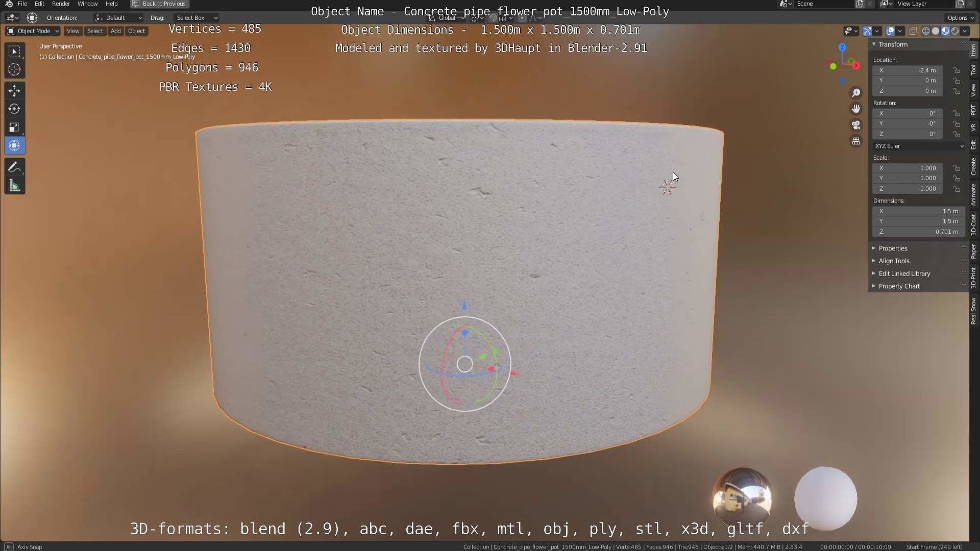 Concrete Pipe Flower Pot 1500mm Low-Poly Low-poly 3D model_60