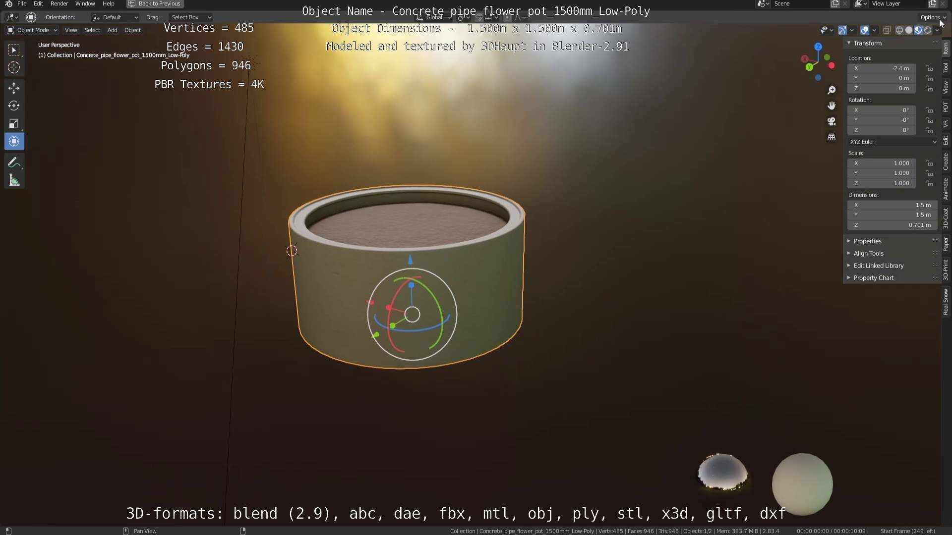 Concrete Pipe Flower Pot 1500mm Low-Poly Low-poly 3D model_44