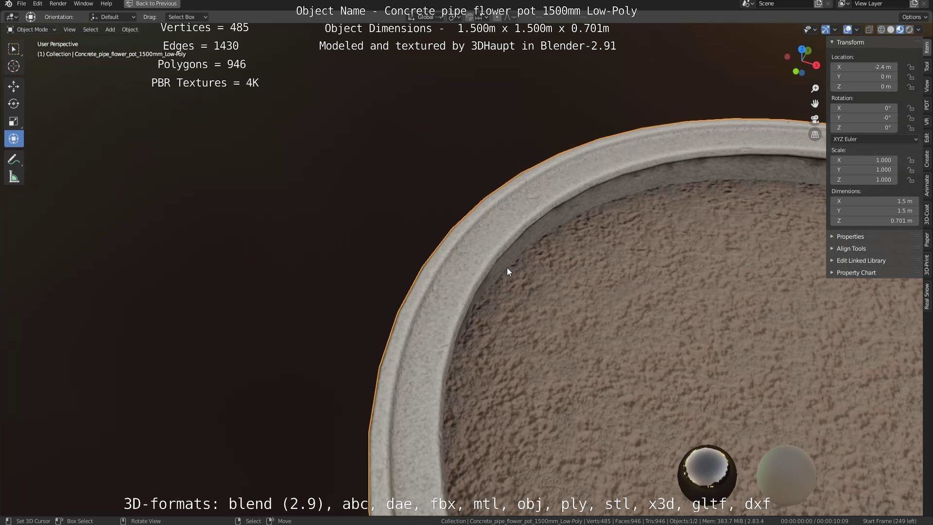 Concrete Pipe Flower Pot 1500mm Low-Poly Low-poly 3D model_103