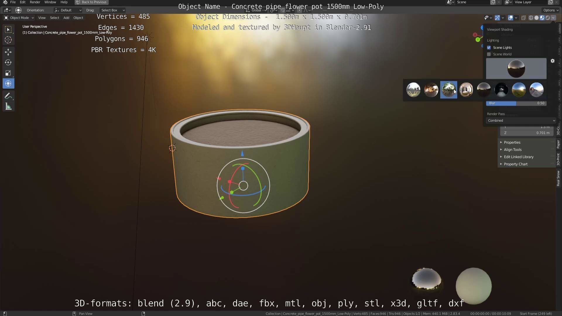 Concrete Pipe Flower Pot 1500mm Low-Poly Low-poly 3D model_99