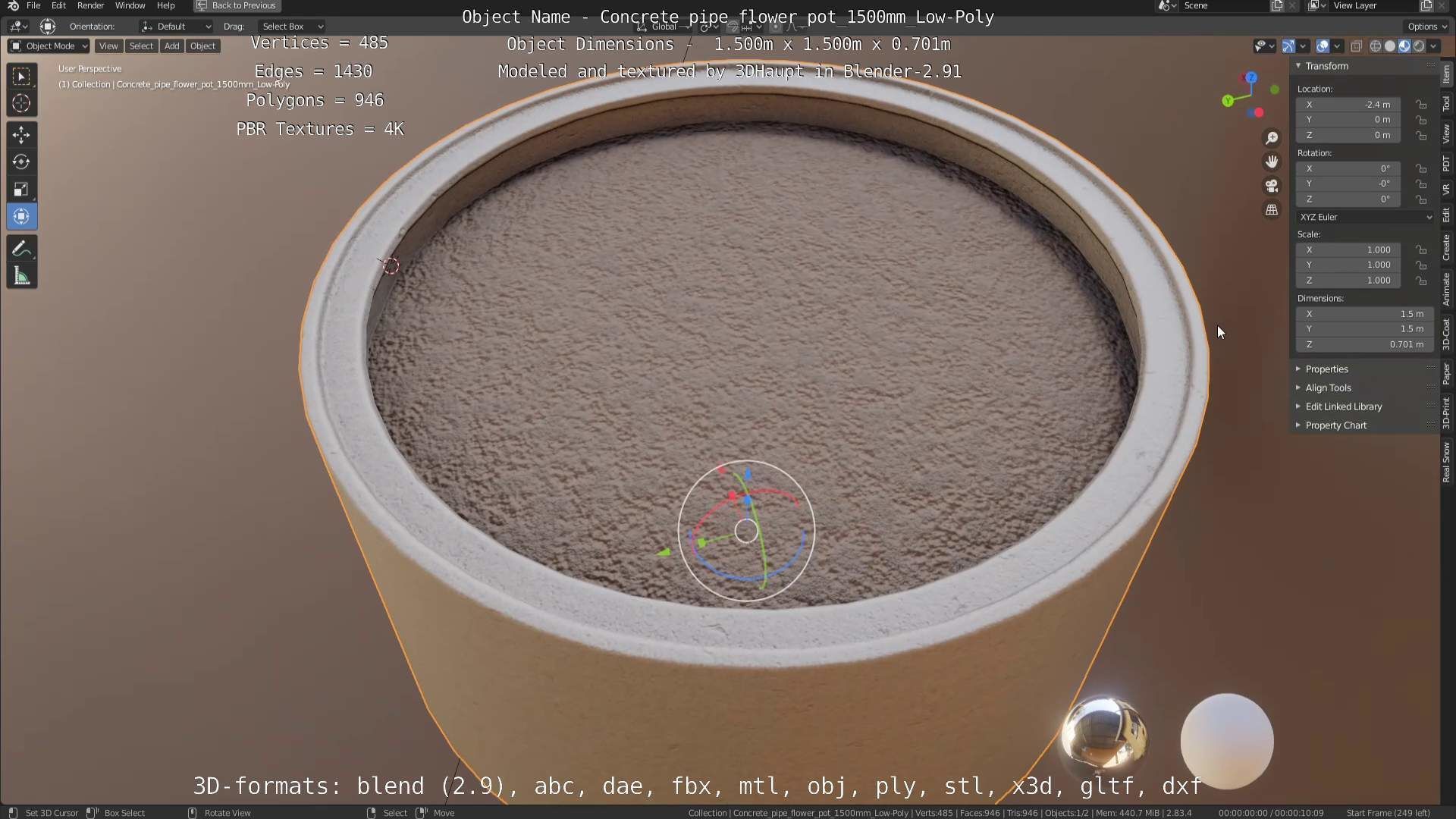 Concrete Pipe Flower Pot 1500mm Low-Poly Low-poly 3D model_63