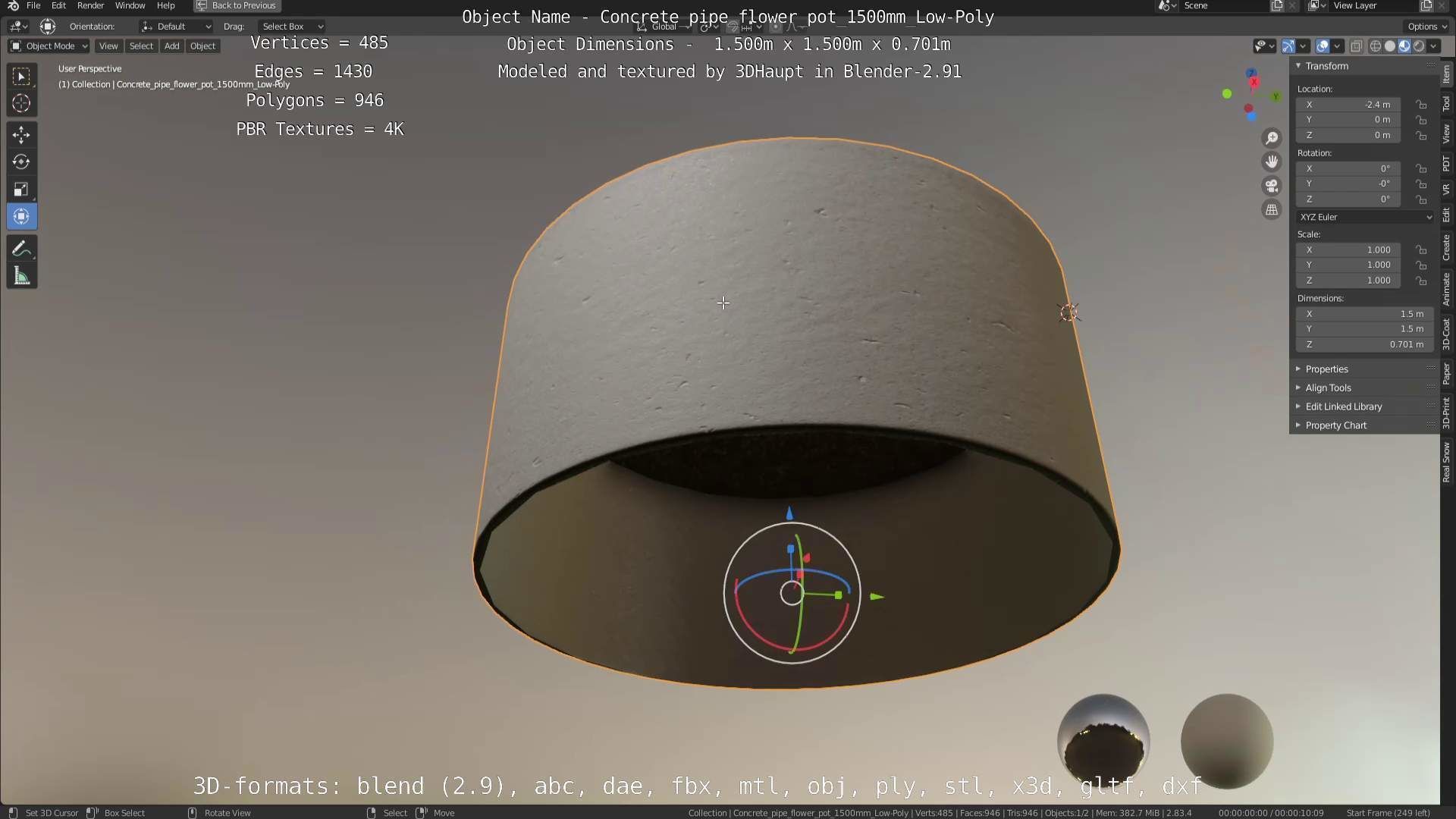 Concrete Pipe Flower Pot 1500mm Low-Poly Low-poly 3D model_75