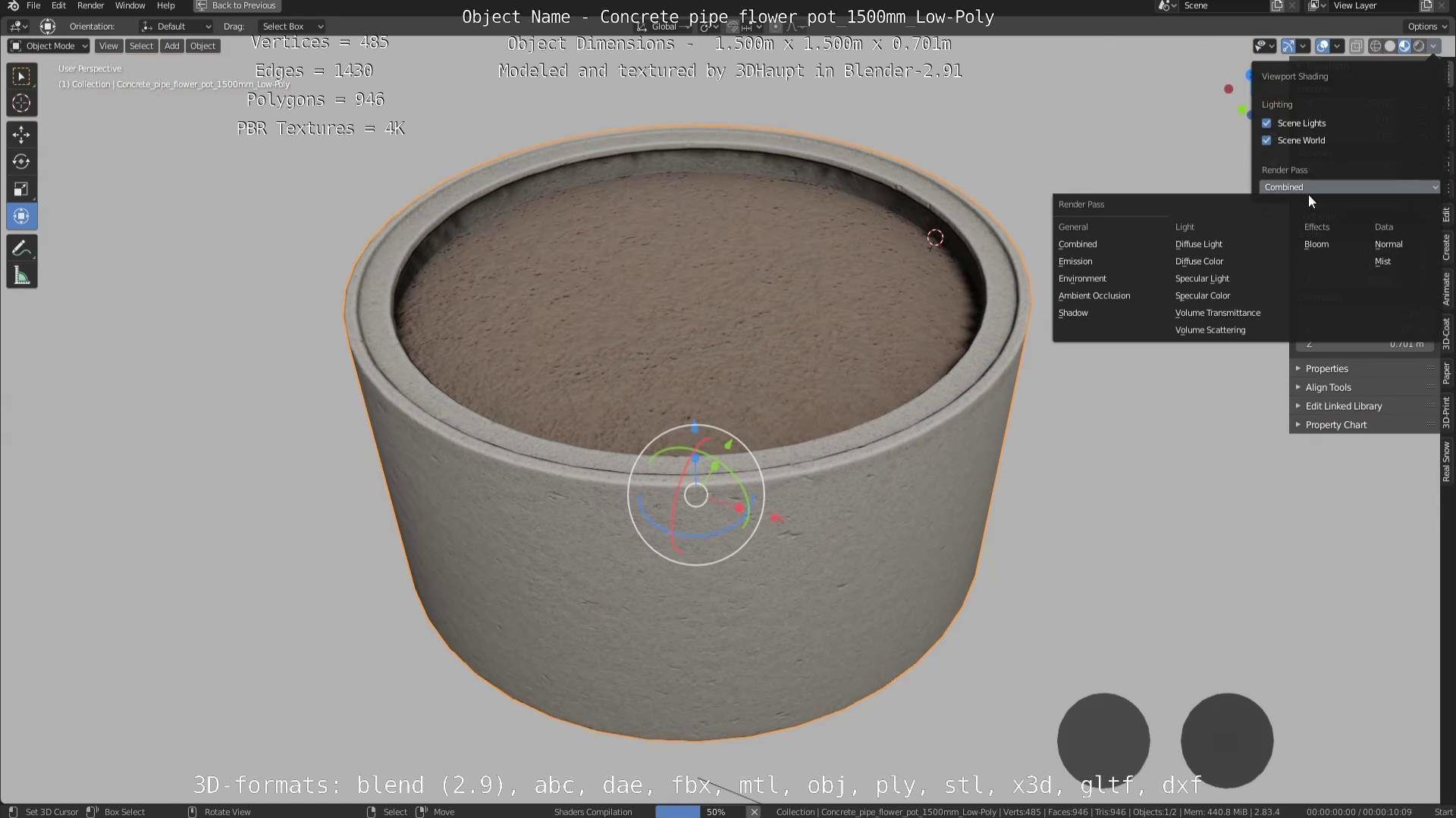 Concrete Pipe Flower Pot 1500mm Low-Poly Low-poly 3D model_29