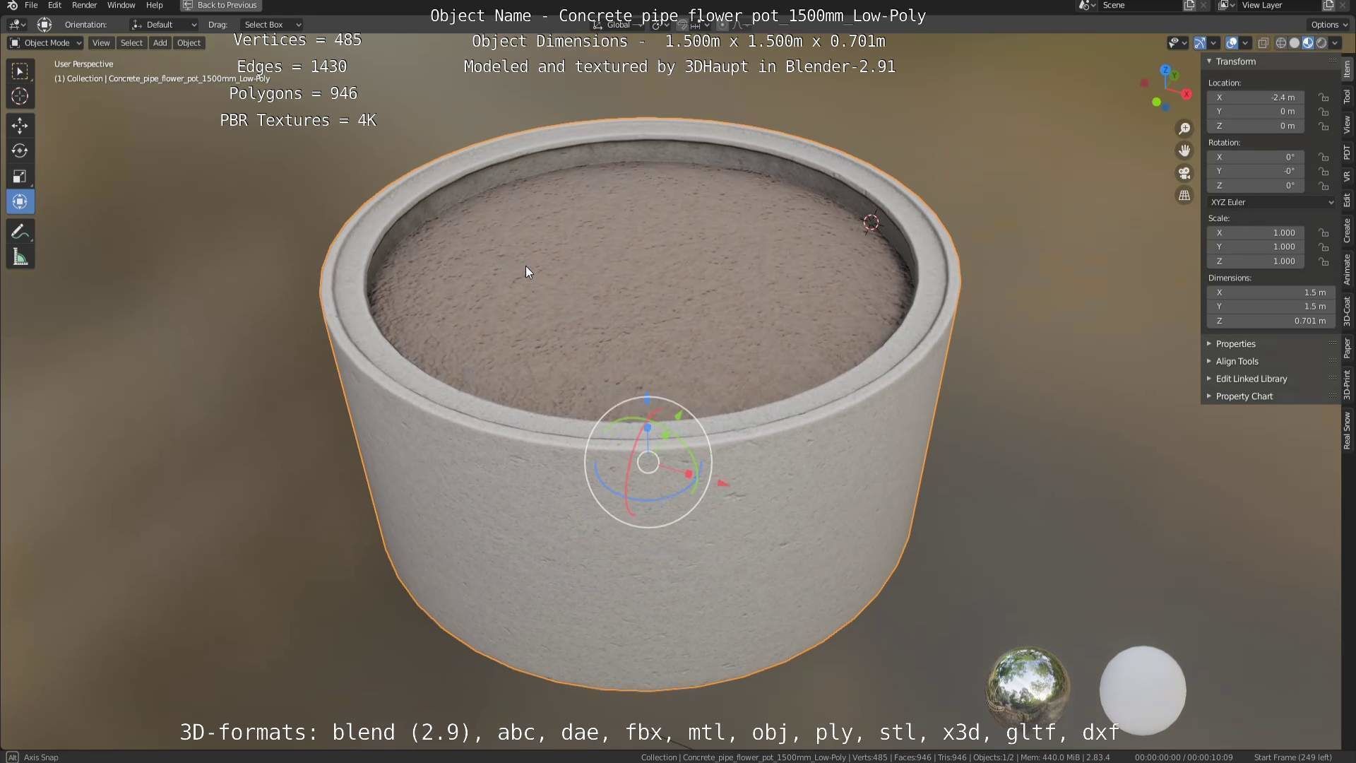 Concrete Pipe Flower Pot 1500mm Low-Poly Low-poly 3D model_35