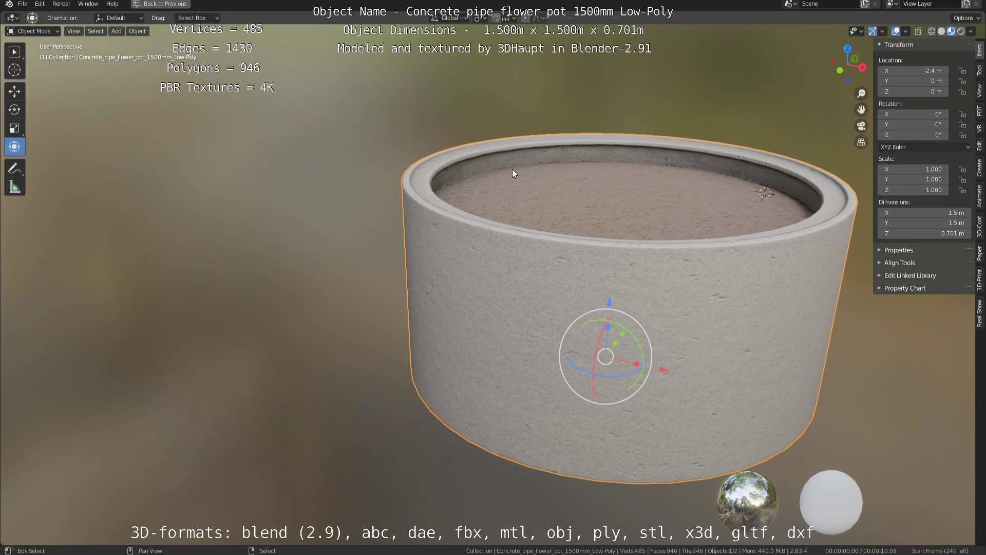 Concrete Pipe Flower Pot 1500mm Low-Poly Low-poly 3D model_27