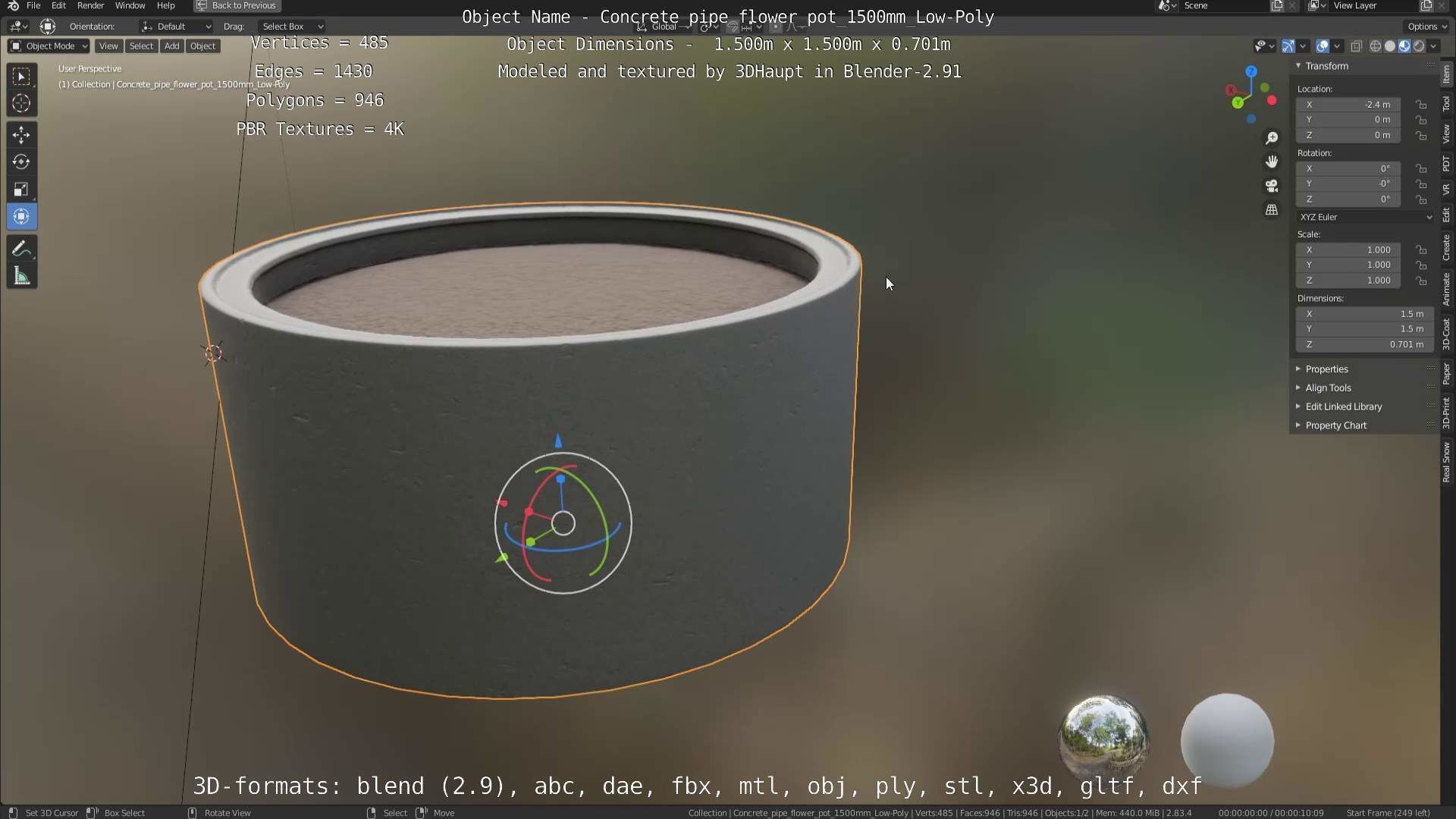 Concrete Pipe Flower Pot 1500mm Low-Poly Low-poly 3D model_25