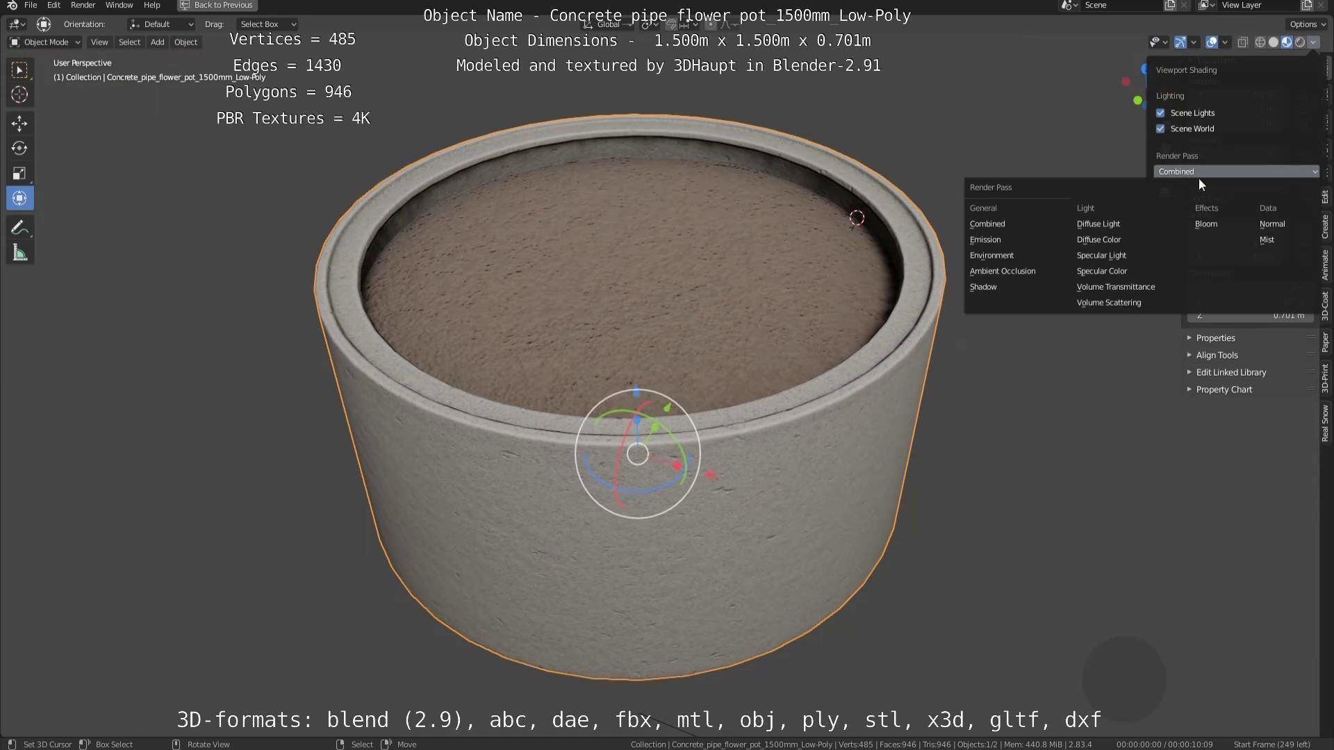 Concrete Pipe Flower Pot 1500mm Low-Poly Low-poly 3D model_30