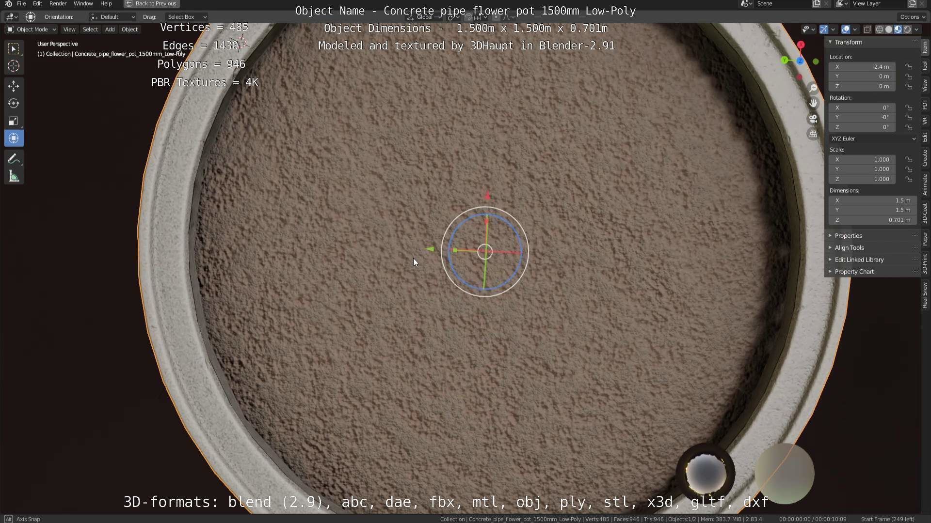 Concrete Pipe Flower Pot 1500mm Low-Poly Low-poly 3D model_98