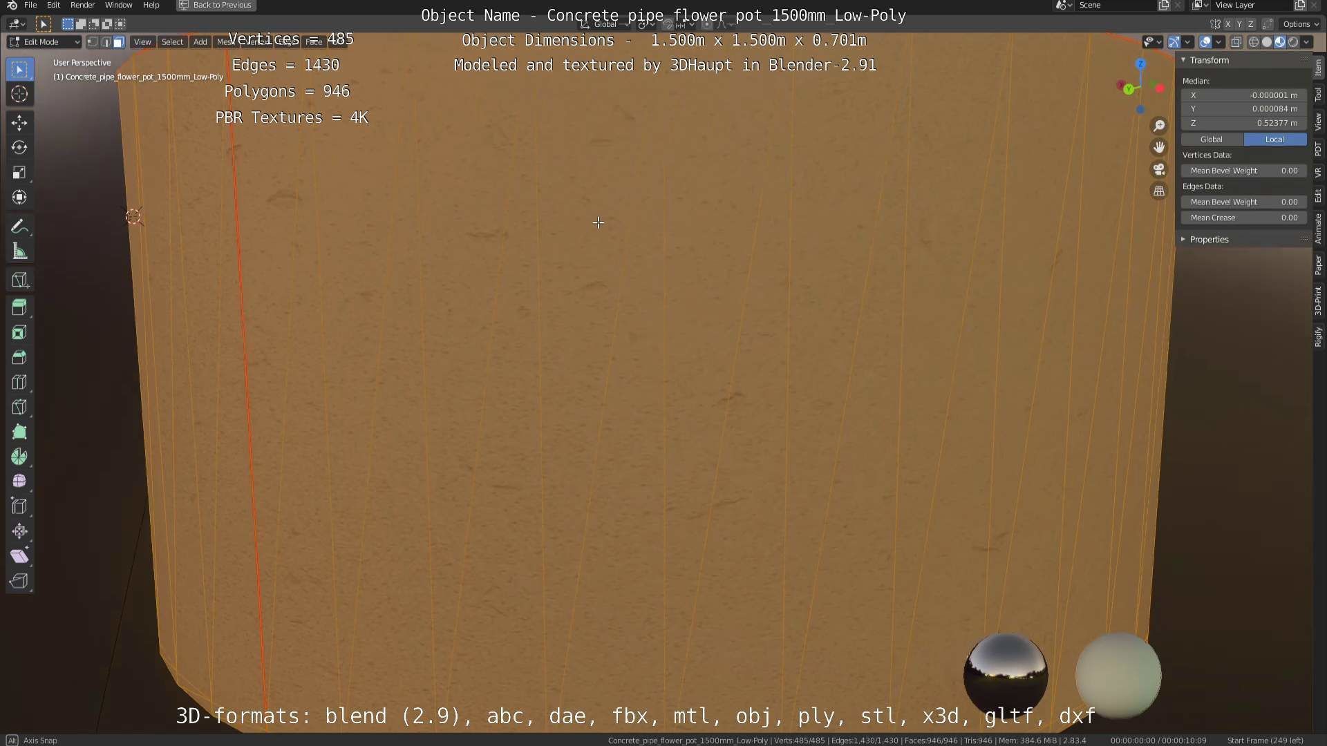 Concrete Pipe Flower Pot 1500mm Low-Poly Low-poly 3D model_90