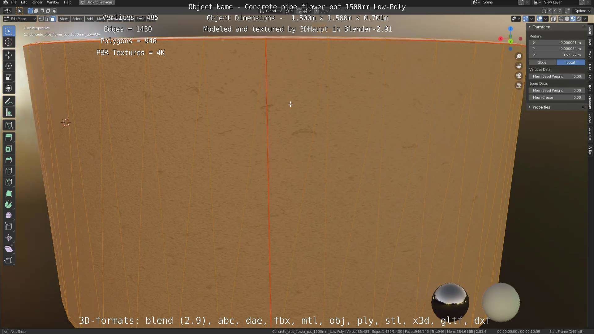 Concrete Pipe Flower Pot 1500mm Low-Poly Low-poly 3D model_16