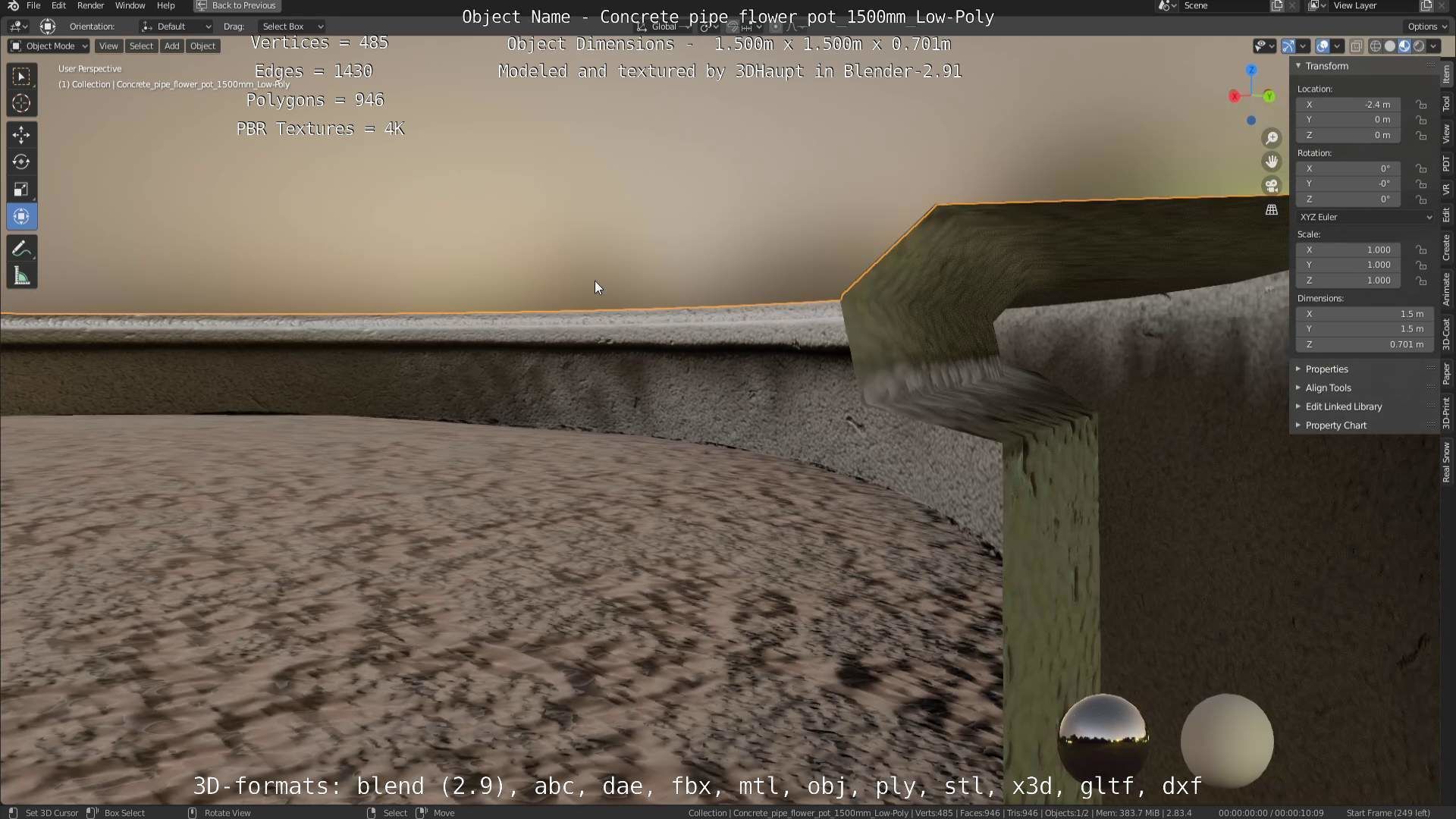 Concrete Pipe Flower Pot 1500mm Low-Poly Low-poly 3D model_113