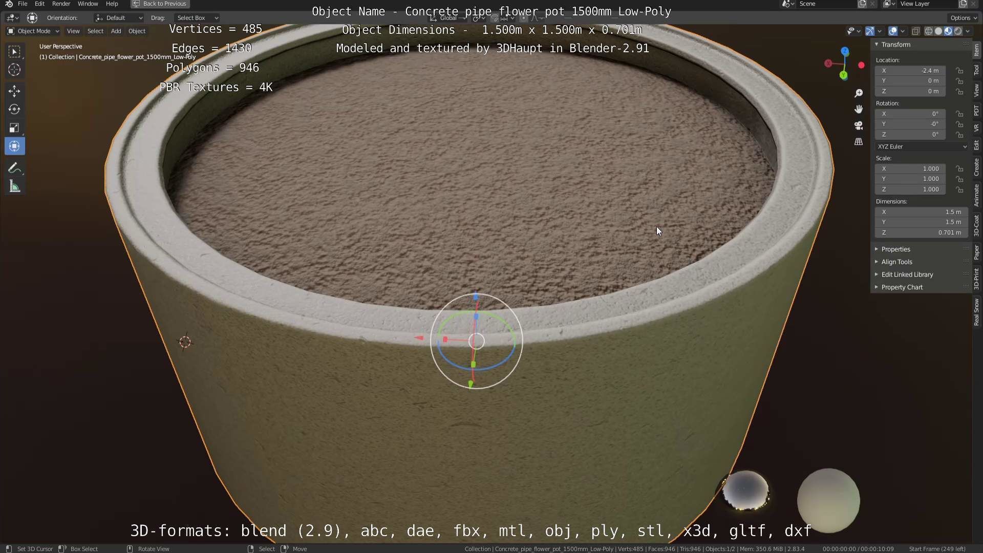 Concrete Pipe Flower Pot 1500mm Low-Poly Low-poly 3D model_13