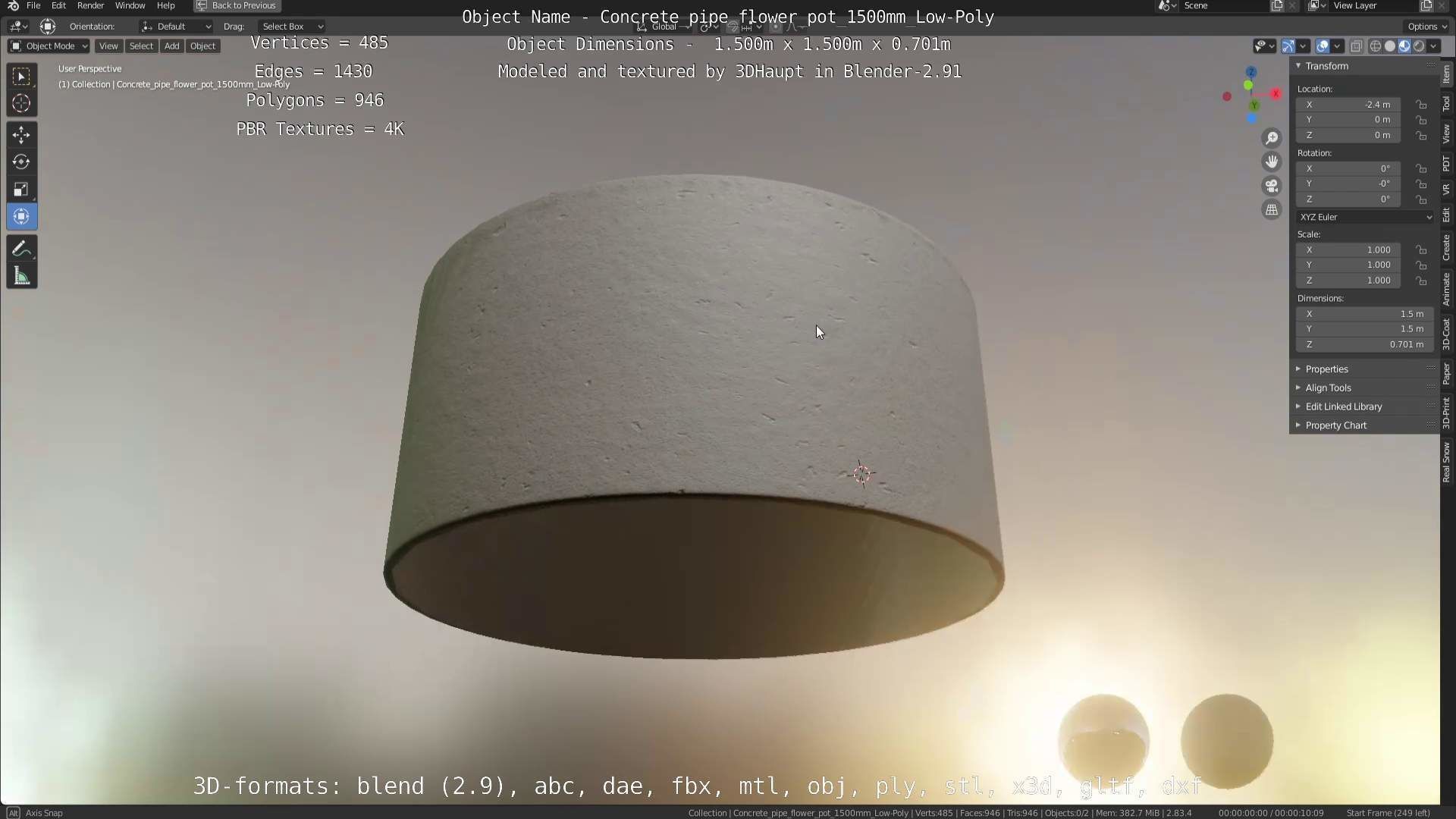 Concrete Pipe Flower Pot 1500mm Low-Poly Low-poly 3D model_72