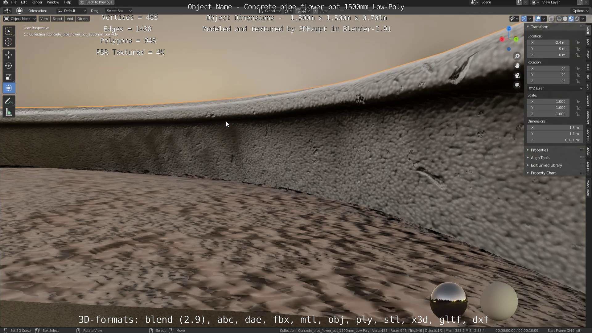 Concrete Pipe Flower Pot 1500mm Low-Poly Low-poly 3D model_109