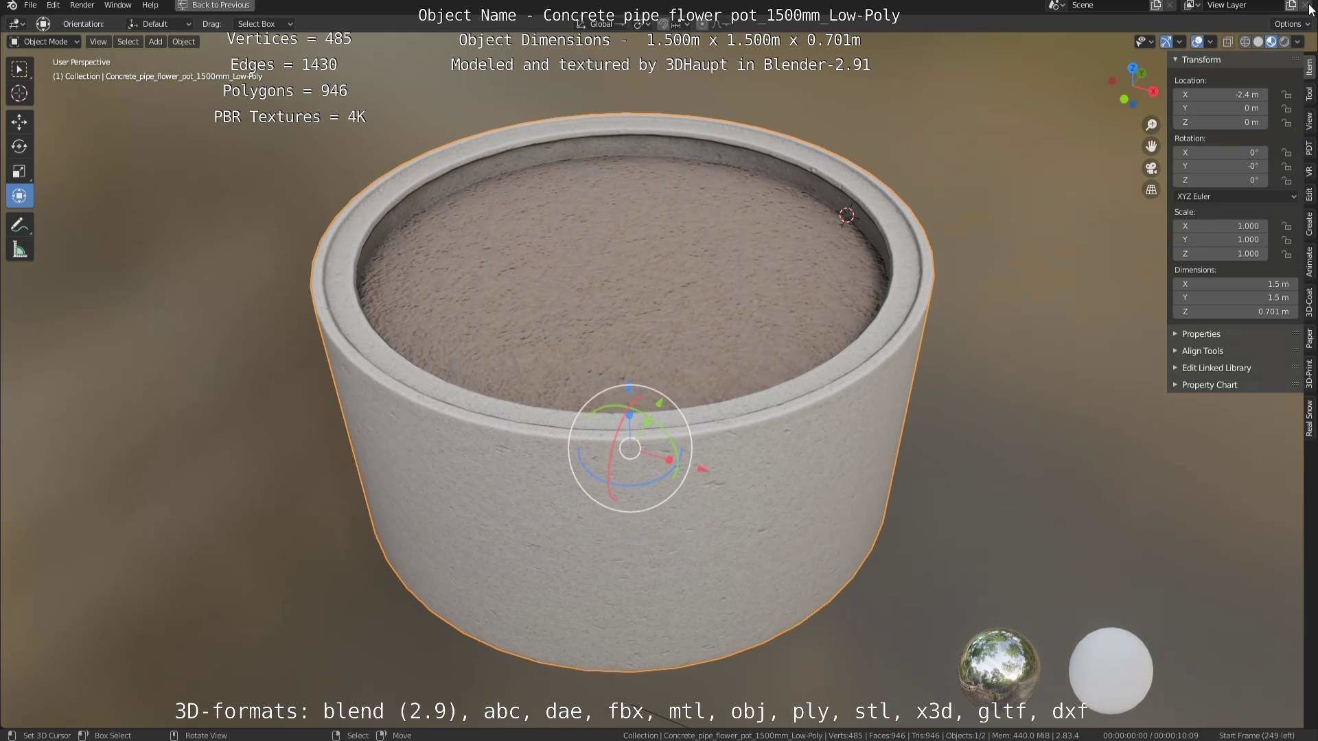 Concrete Pipe Flower Pot 1500mm Low-Poly Low-poly 3D model_10