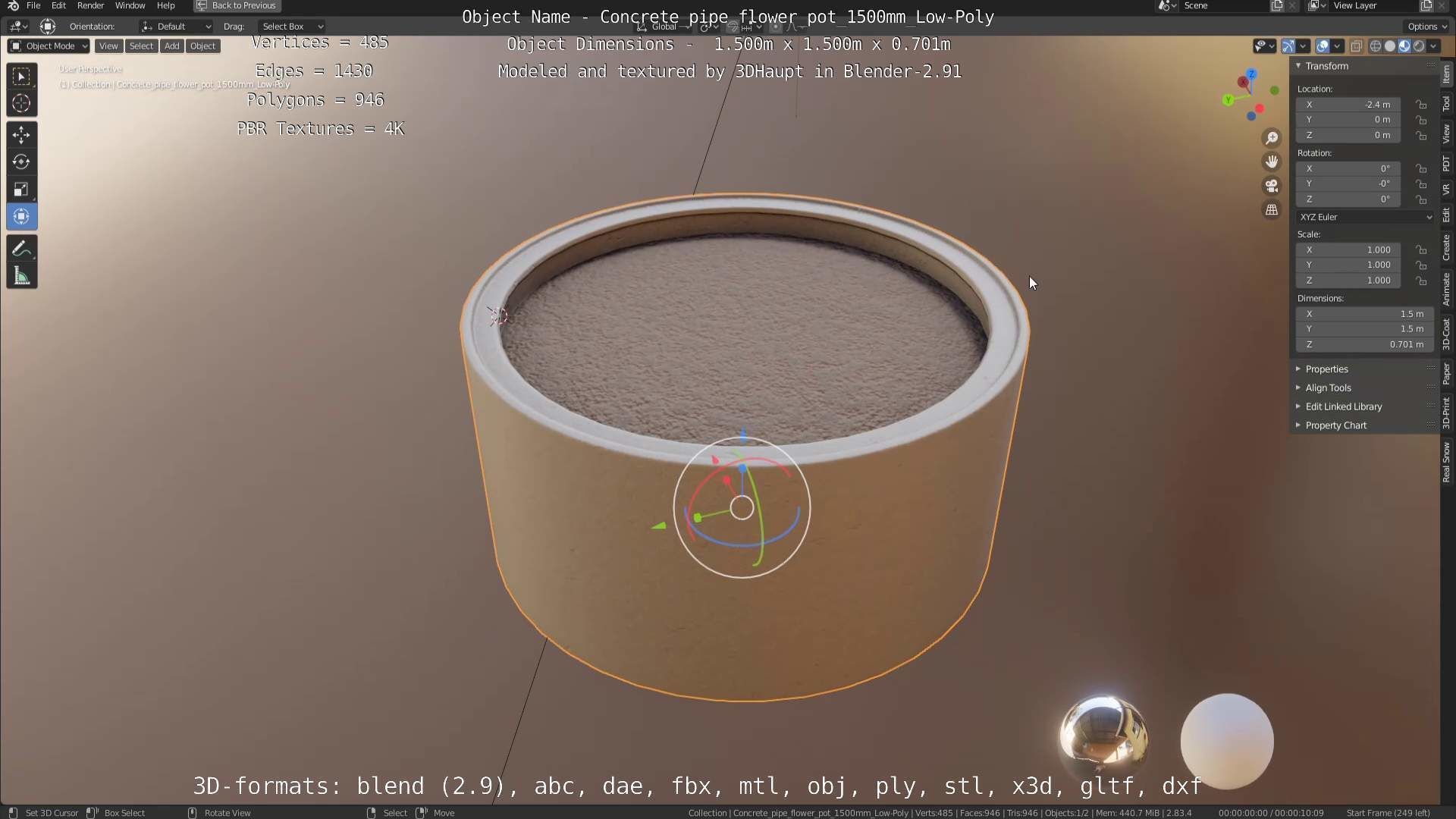 Concrete Pipe Flower Pot 1500mm Low-Poly Low-poly 3D model_47