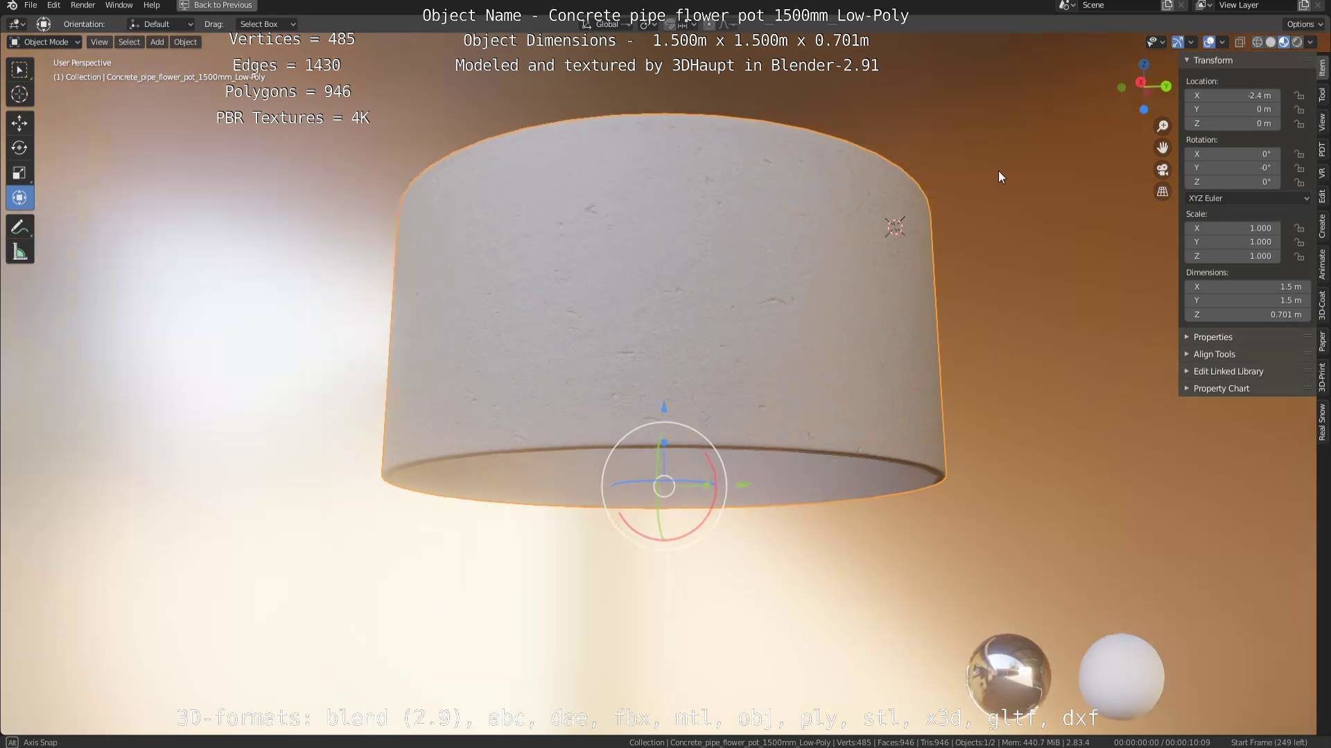 Concrete Pipe Flower Pot 1500mm Low-Poly Low-poly 3D model_55