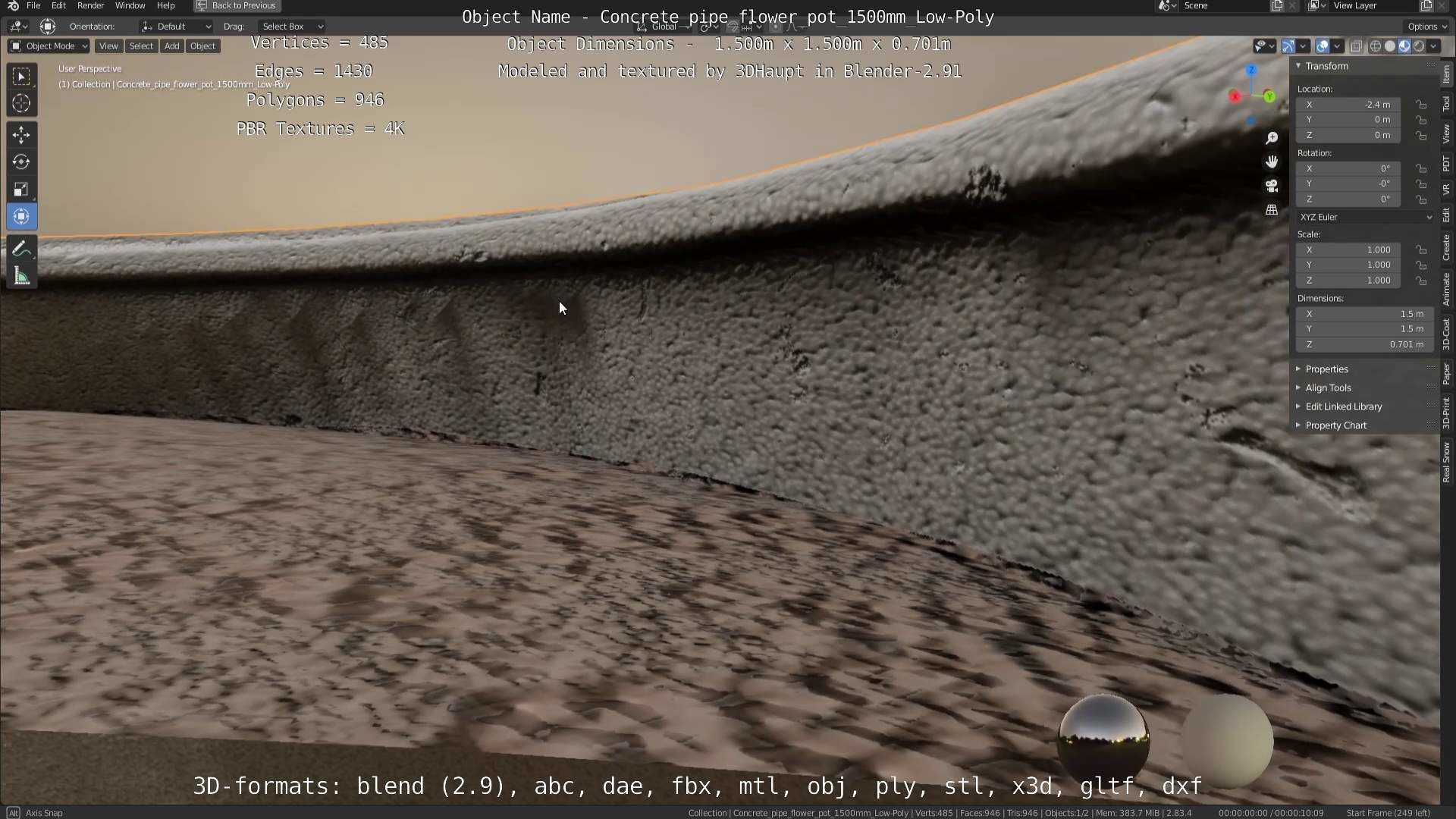 Concrete Pipe Flower Pot 1500mm Low-Poly Low-poly 3D model_108