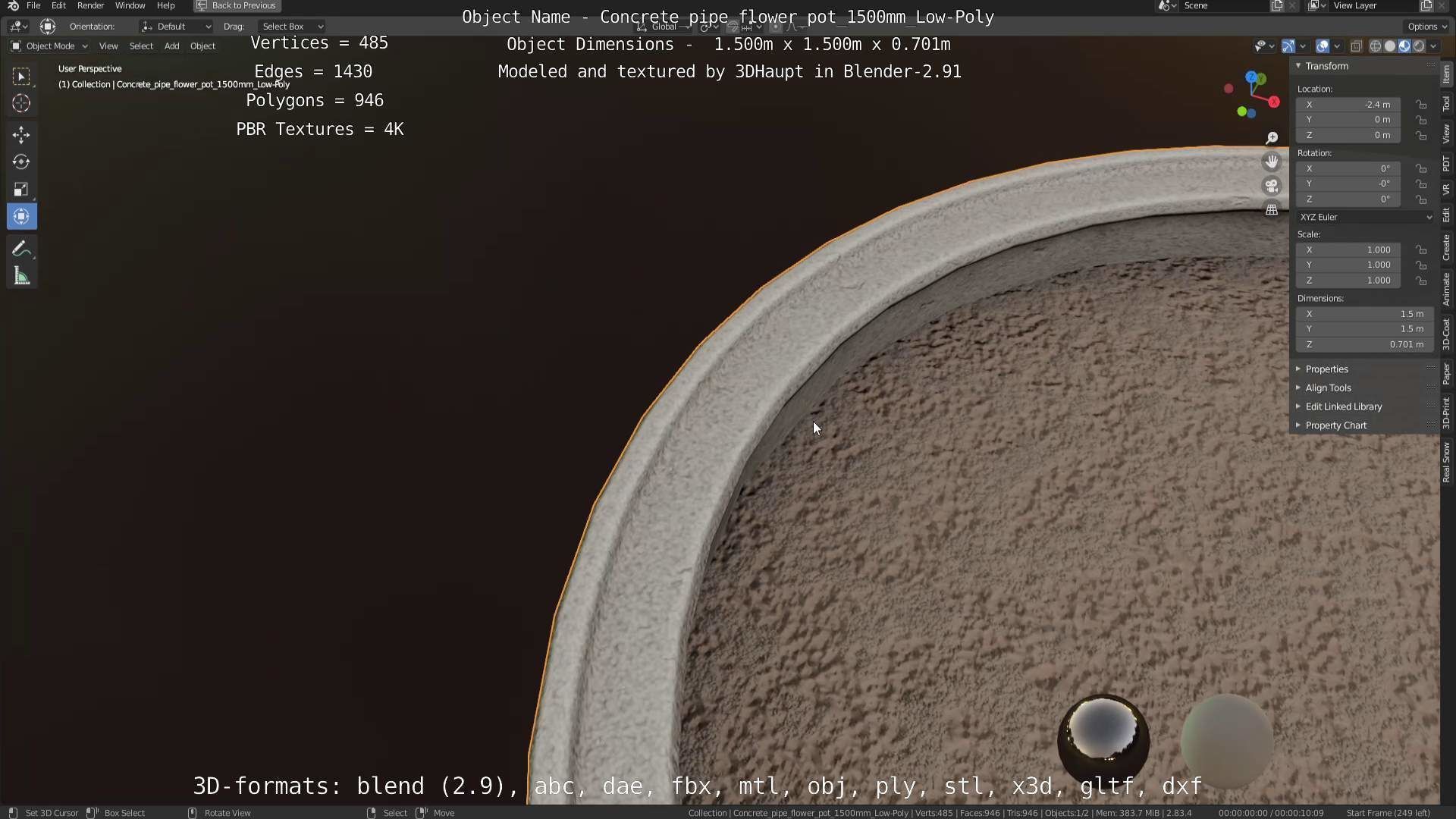 Concrete Pipe Flower Pot 1500mm Low-Poly Low-poly 3D model_104