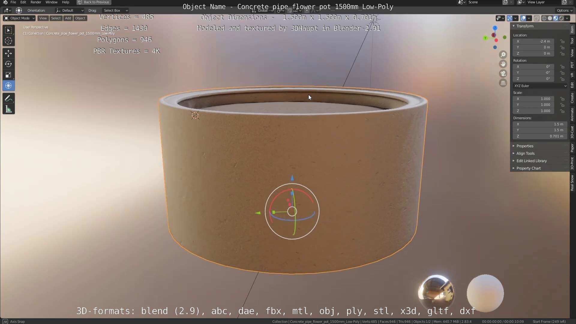 Concrete Pipe Flower Pot 1500mm Low-Poly Low-poly 3D model_52