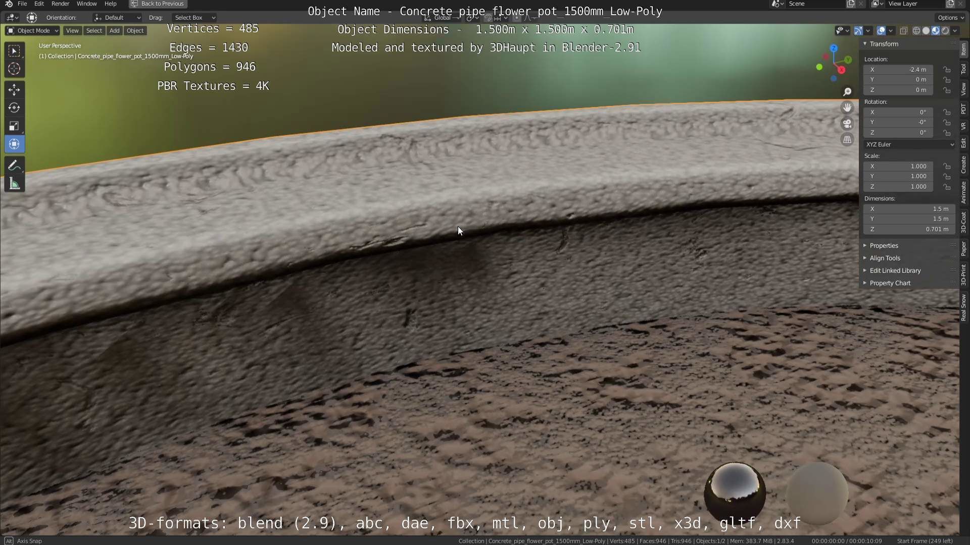 Concrete Pipe Flower Pot 1500mm Low-Poly Low-poly 3D model_107