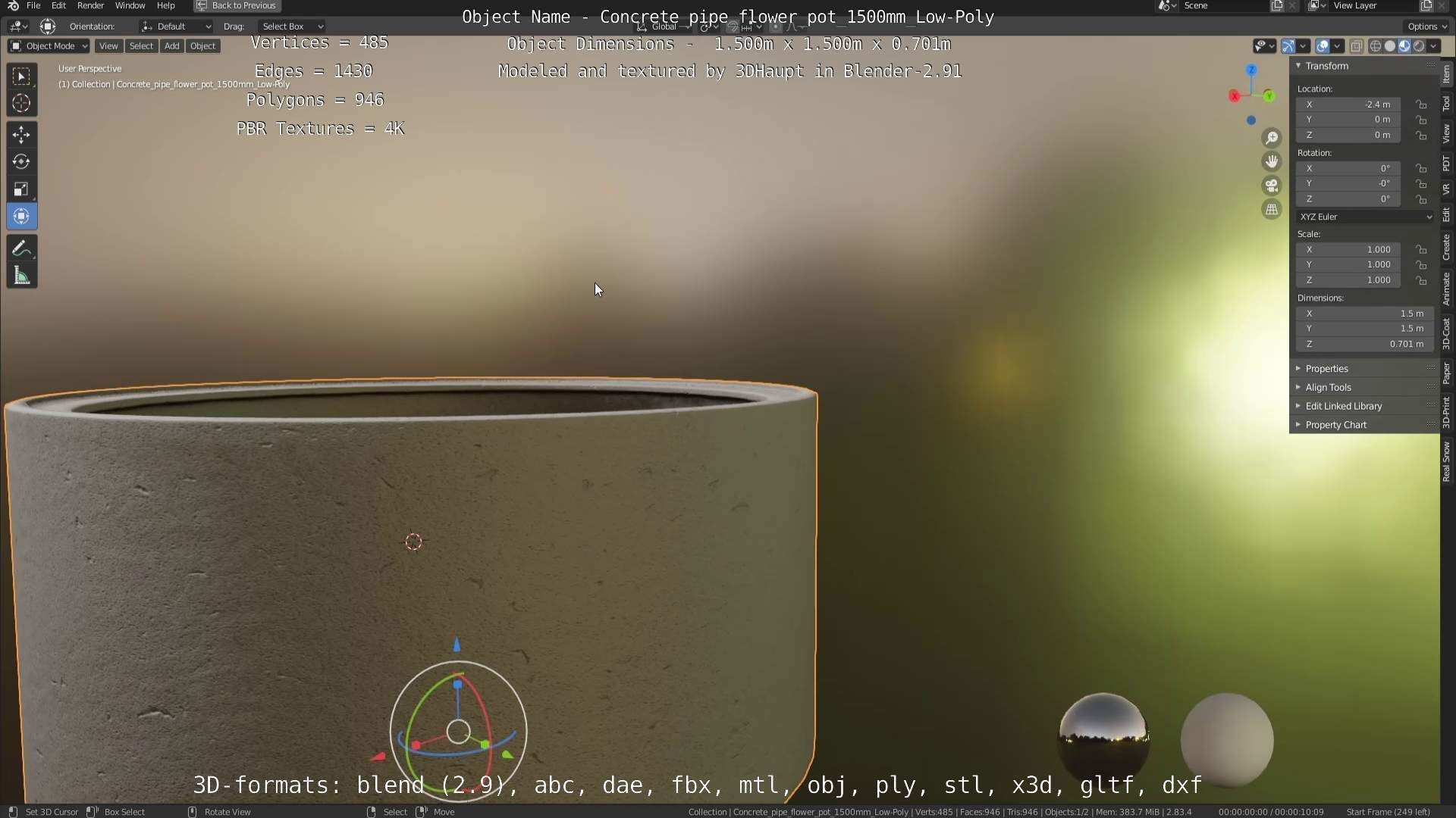 Concrete Pipe Flower Pot 1500mm Low-Poly Low-poly 3D model_117