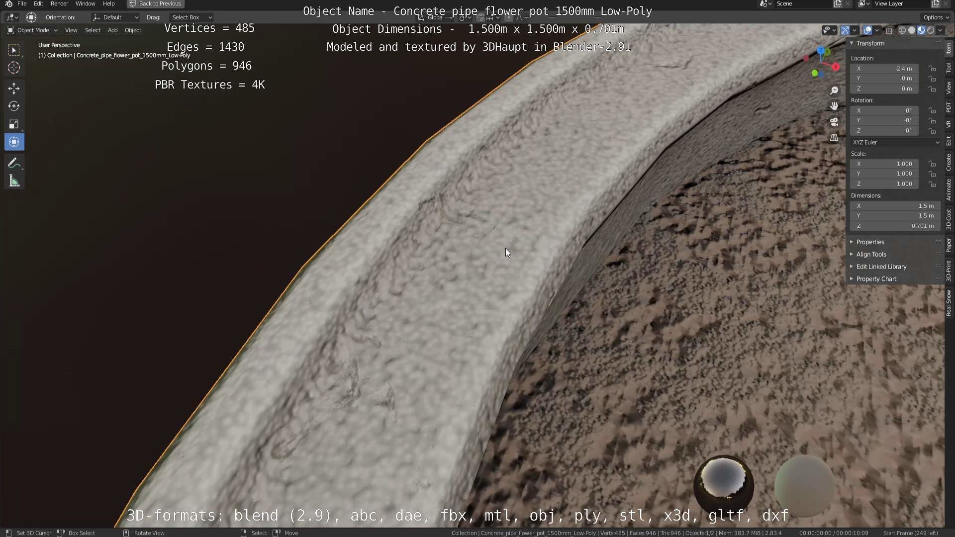 Concrete Pipe Flower Pot 1500mm Low-Poly Low-poly 3D model_105